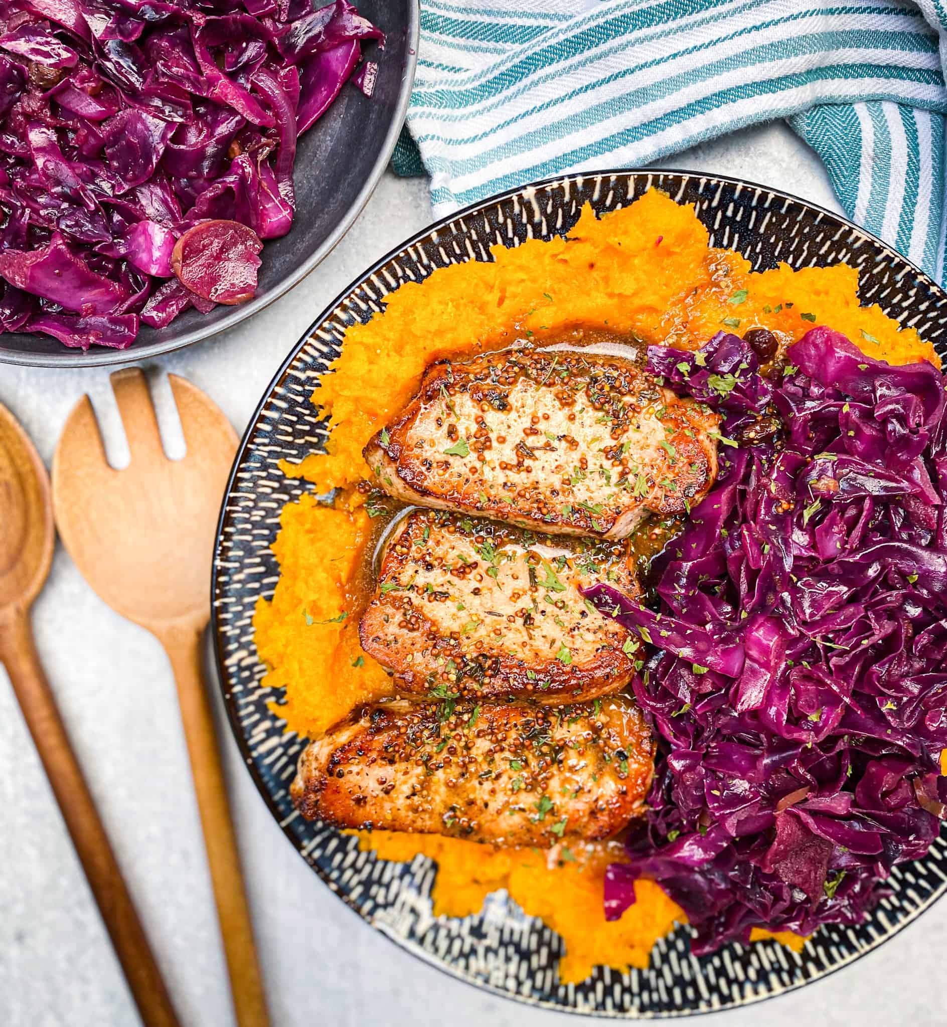 pan seared pork chops with German red cabbage and butternut squash