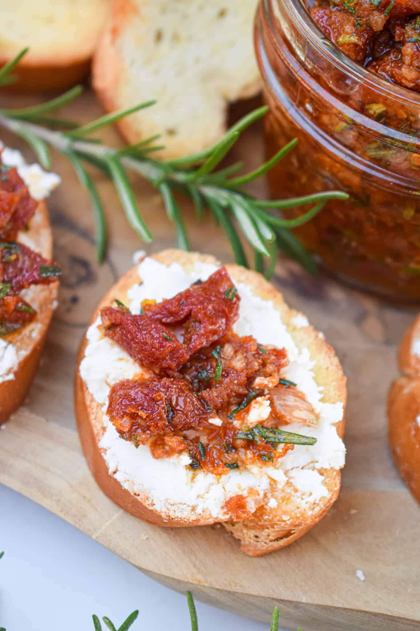 goat cheese crostini with garlic rosemary sundried tomatoes holiday Christmas appetixer