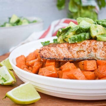 whole30 paleo chili lime salmon with mexican spiced sweet potatoes