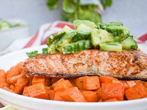 Salmon Candy on a Baked Sweet Potato with Arugula and Avocado