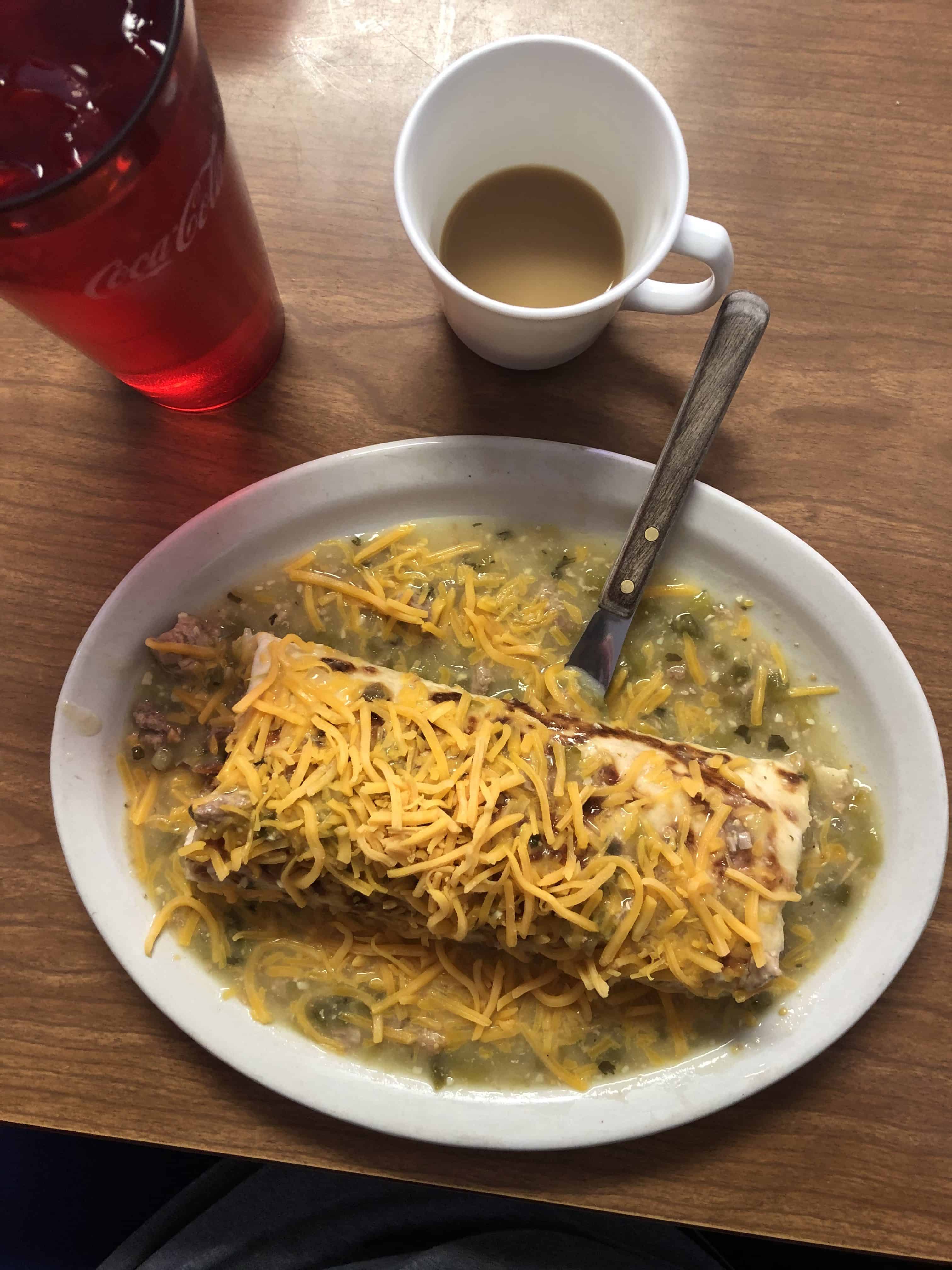 Green Chile Breakfast Burrito at Uncle Sam's Pancake House in Manitou Springs