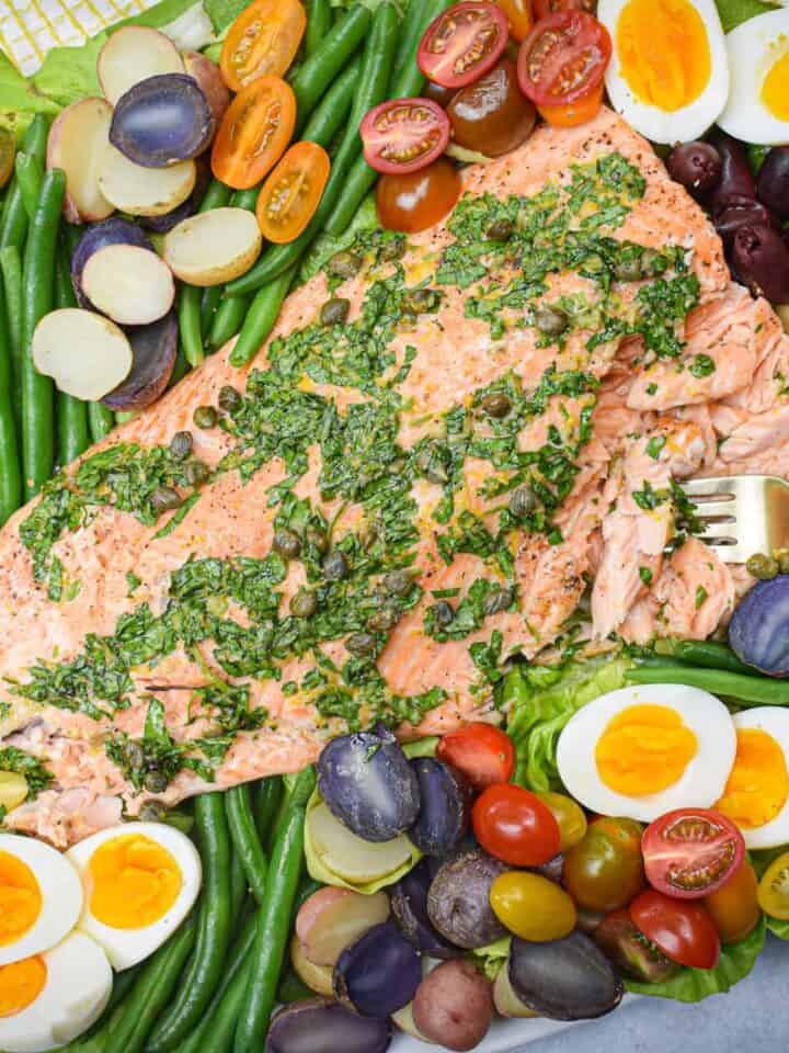 Whole30 Salmon Nicoise Salad on a large platter with Bluehouse Salmon