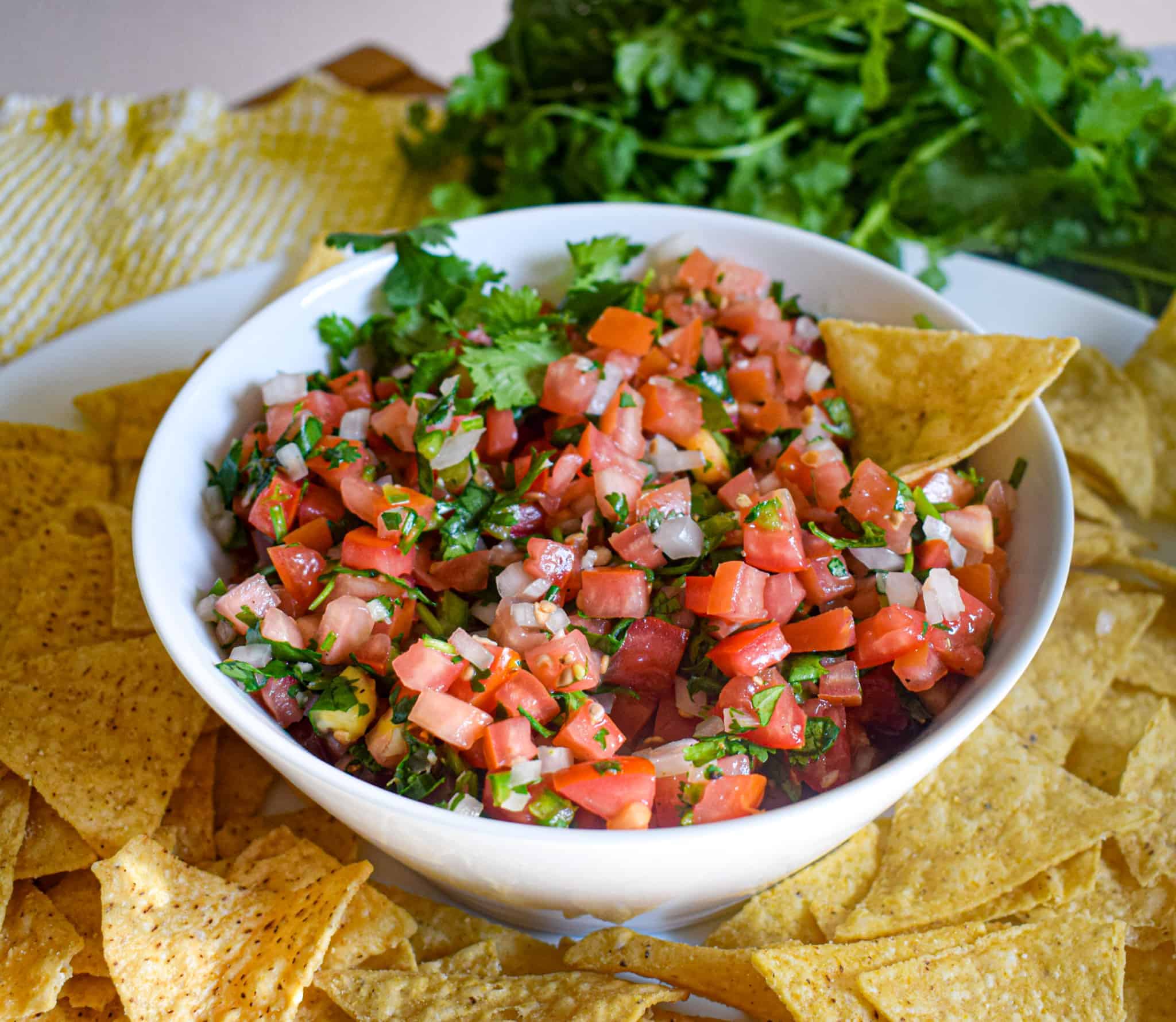 A white bowl of Fresh Pico de Gallo salsa is surrounded by crispy tortilla chips, with vibrant cilantro in the background.