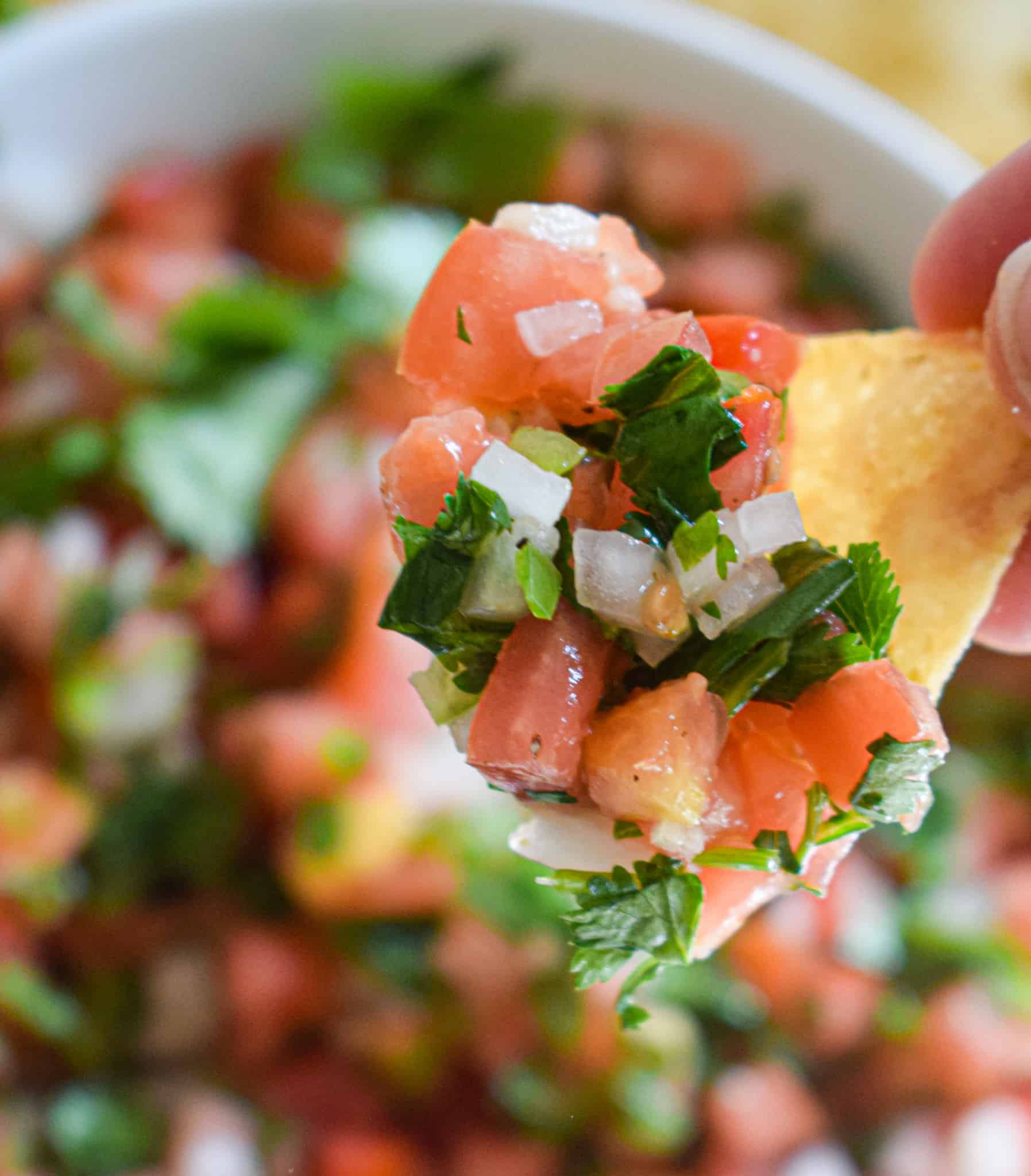 A close-up of a tortilla chip topped with Fresh Pico de Gallo, featuring chopped tomatoes, onions, cilantro, and peppers.