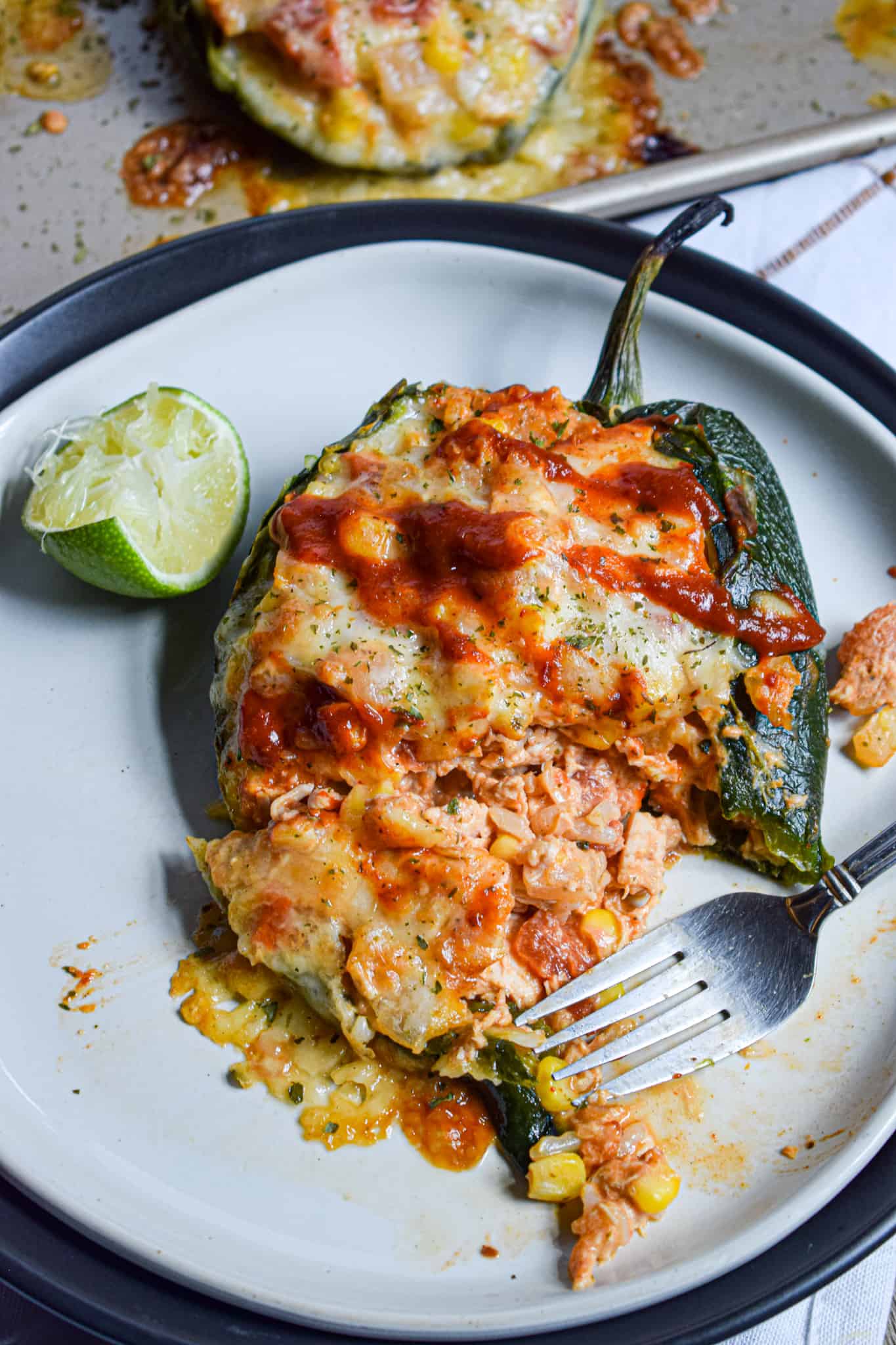 chicken stuffed poblano peppers with hot sauce
