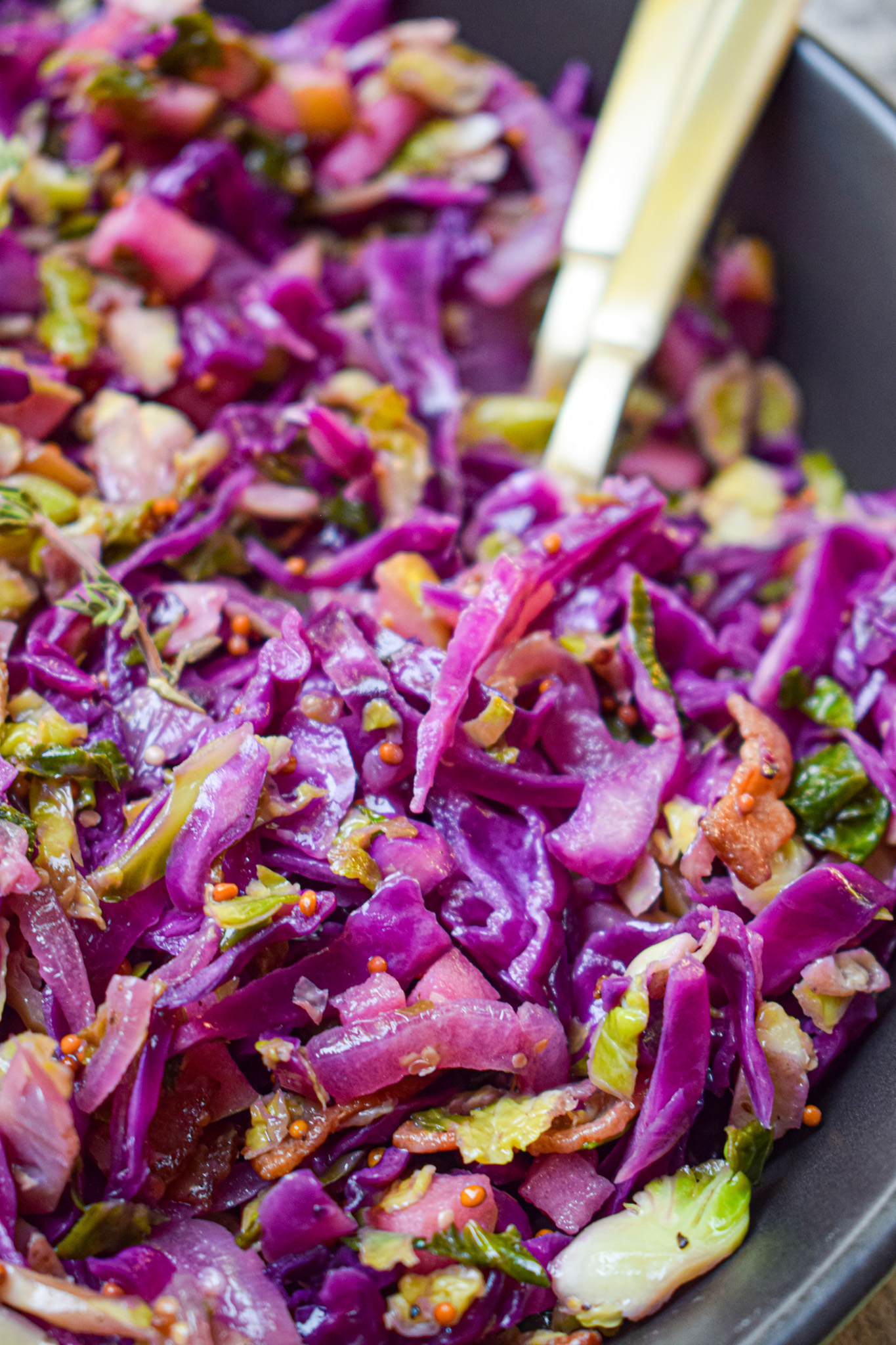 warm fall salad with red cabbage bacon brussel sprouts and apple