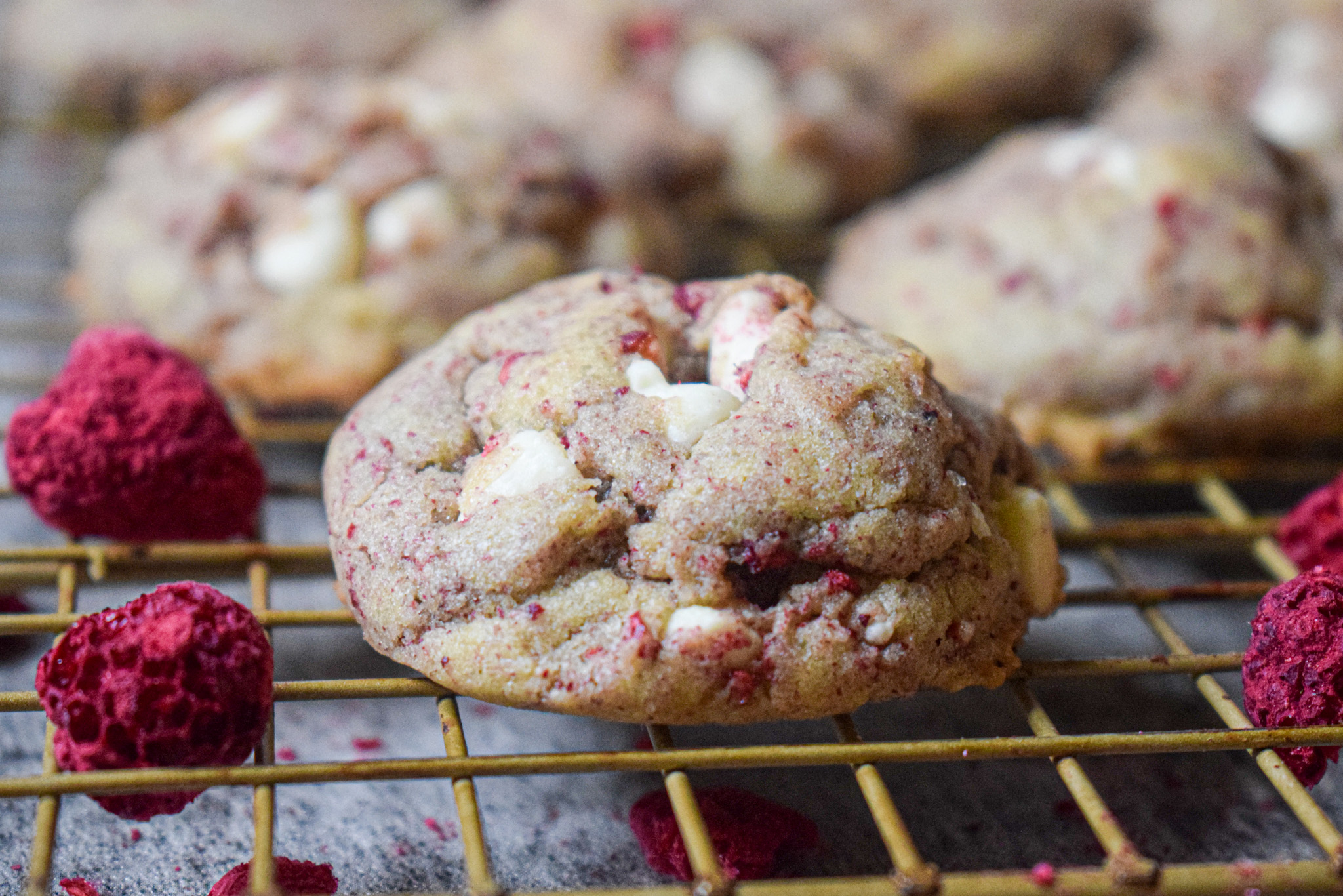 freeze dried raspberry and white chocolate chip cookies