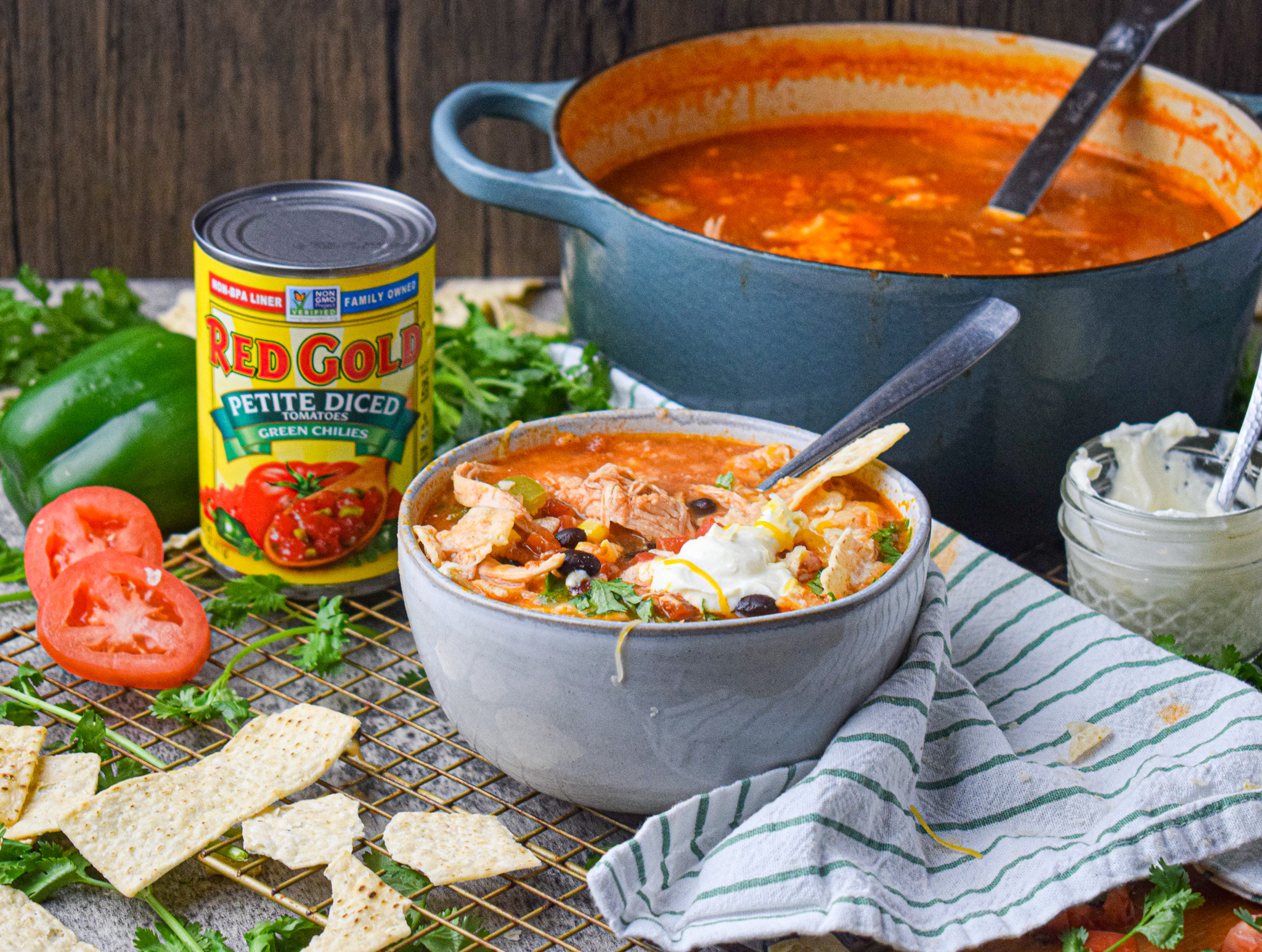easy chicken tortilla soup recipe with red gold petite diced tomatoes and green chiles