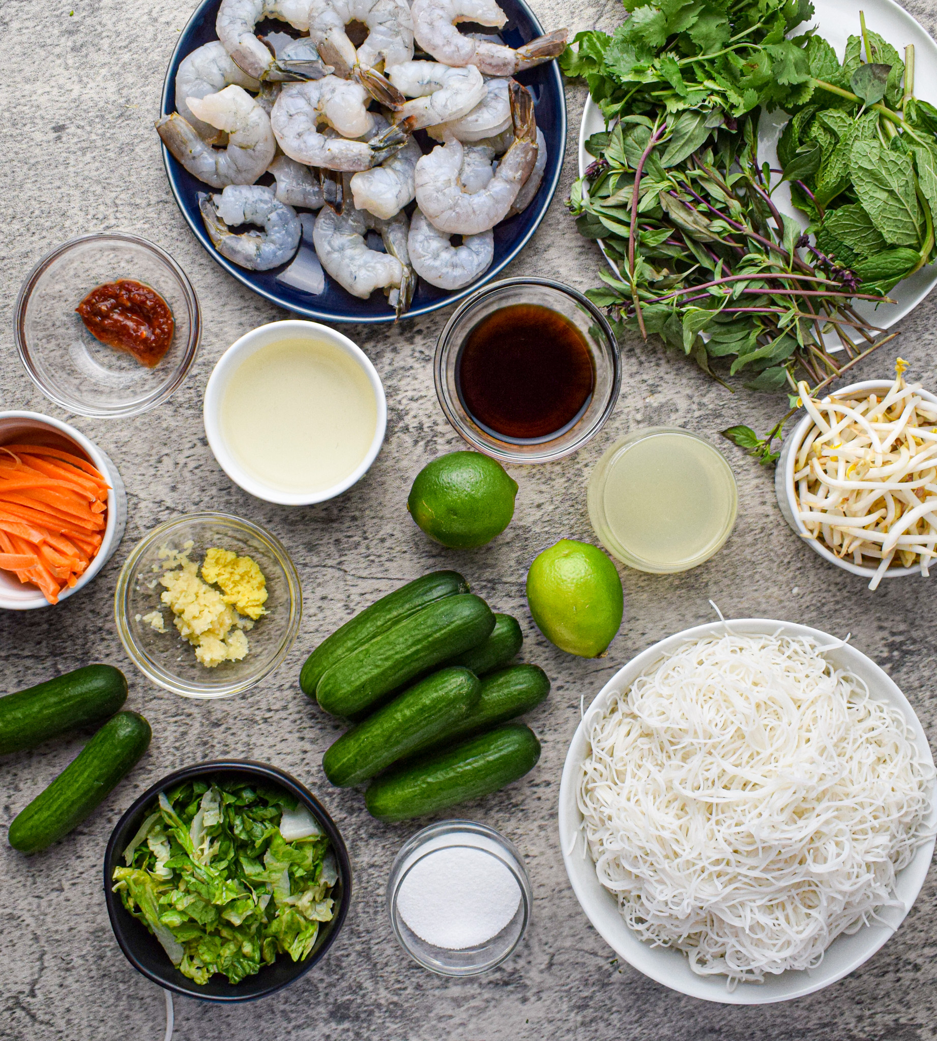 ingredients for spicy vermicelli noodle salad with shrimp