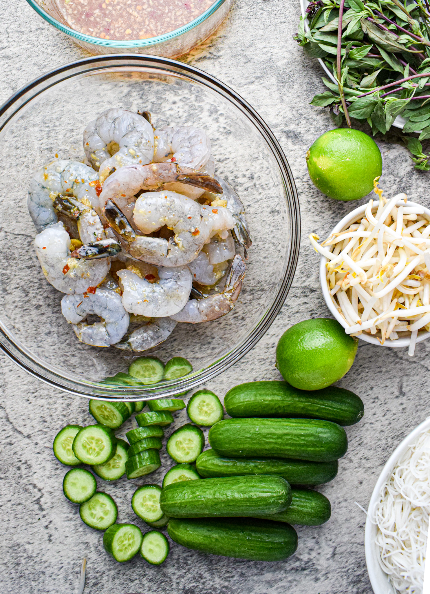 marinating shrimp for vietnames shrimp and noodle salad