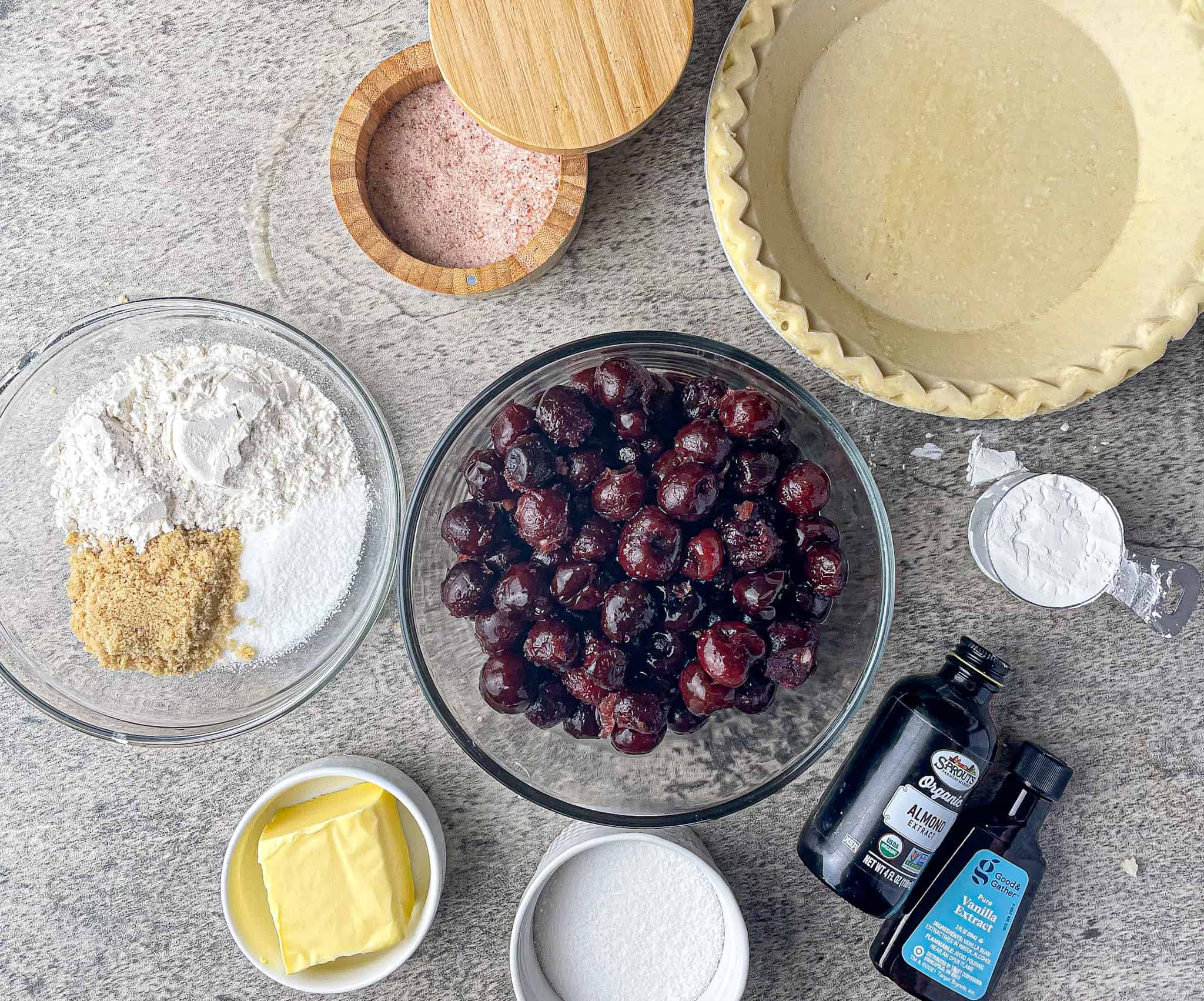 ingredients for fresh cherry crumble pie 