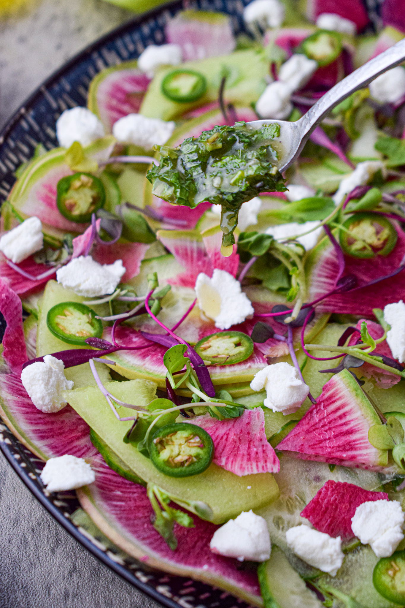 summer melon salad recipe with serrano peppers goat cheese and honey lime vinaigrette 