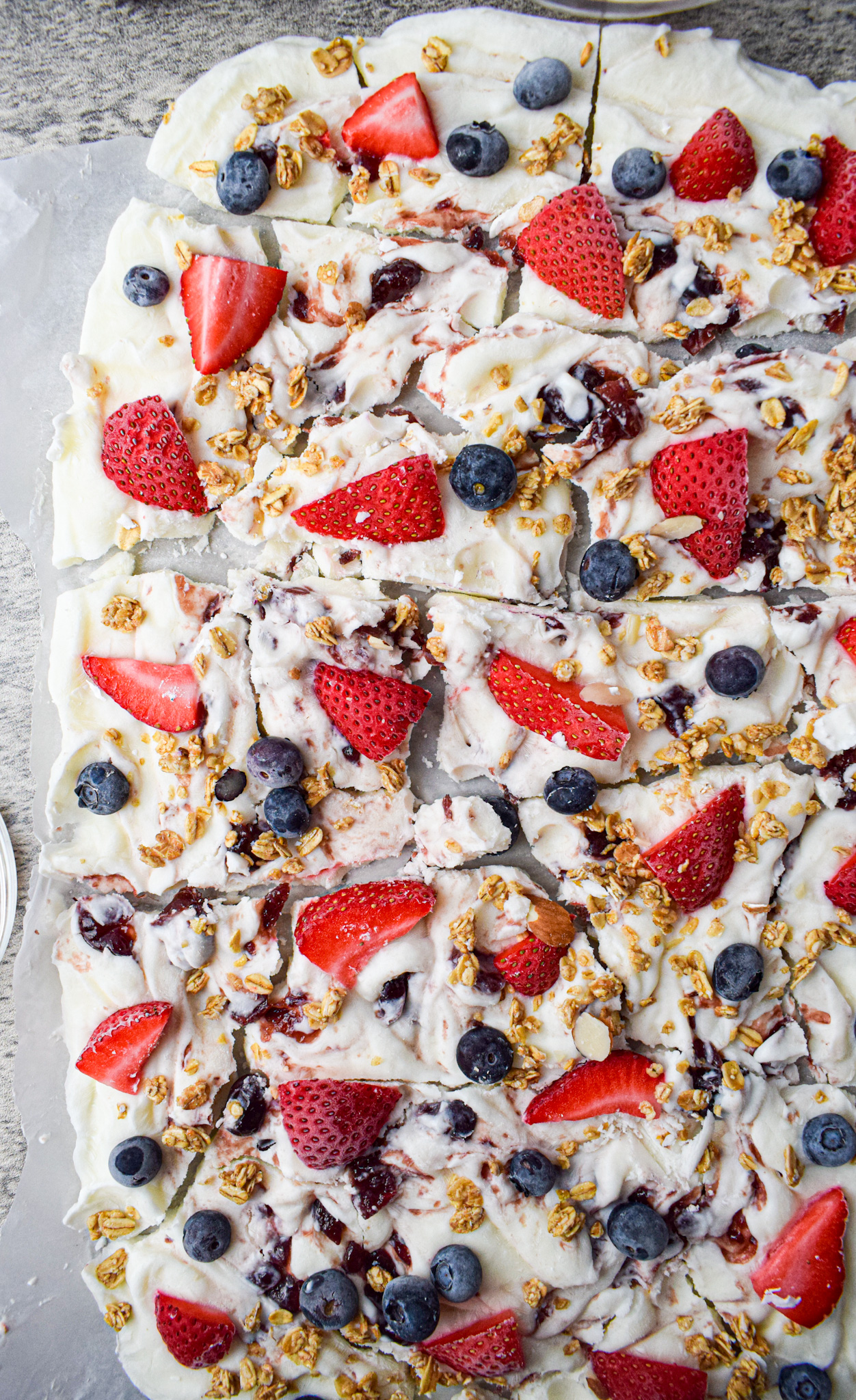 summer snack frozen yogurt bark with red white and blueberries 