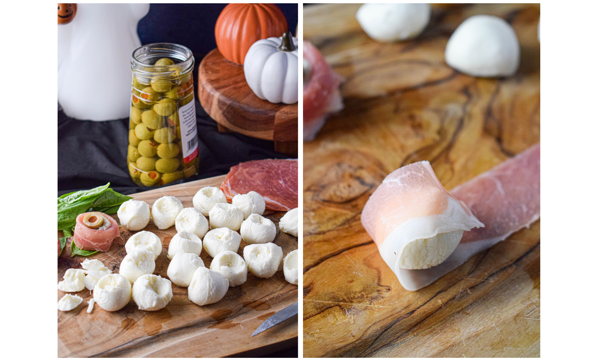 two photos showing how to make antipasto eyeballs with mozzarella, prosciutto and green olives 