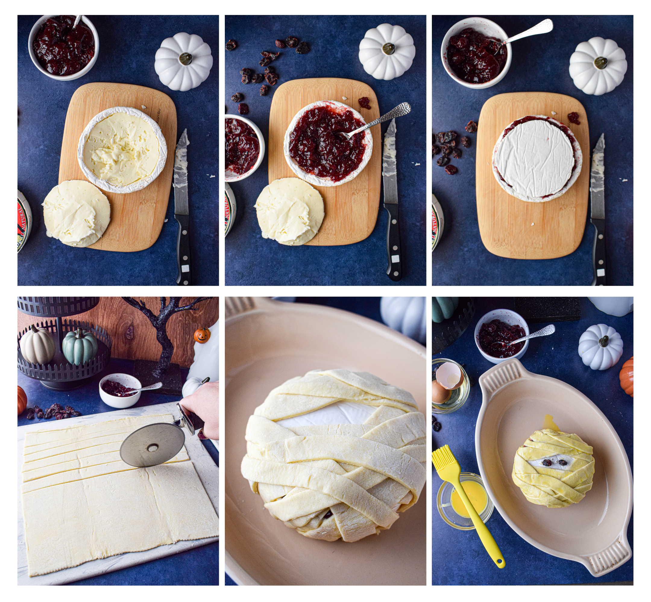 step by step photos for puff pastry wrapped mummy brie: cutting the top off the brie, filling it with jam, replacing the top, cutting strips of puff pastry, wrapping the brie with puff pastry strips, brushing with egg was