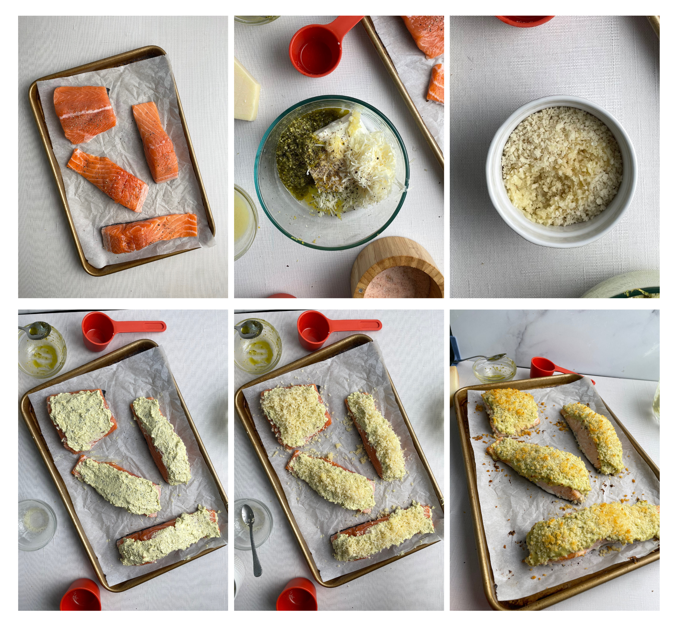 step by step photos for how to make cream cheese pesto crusted salmon