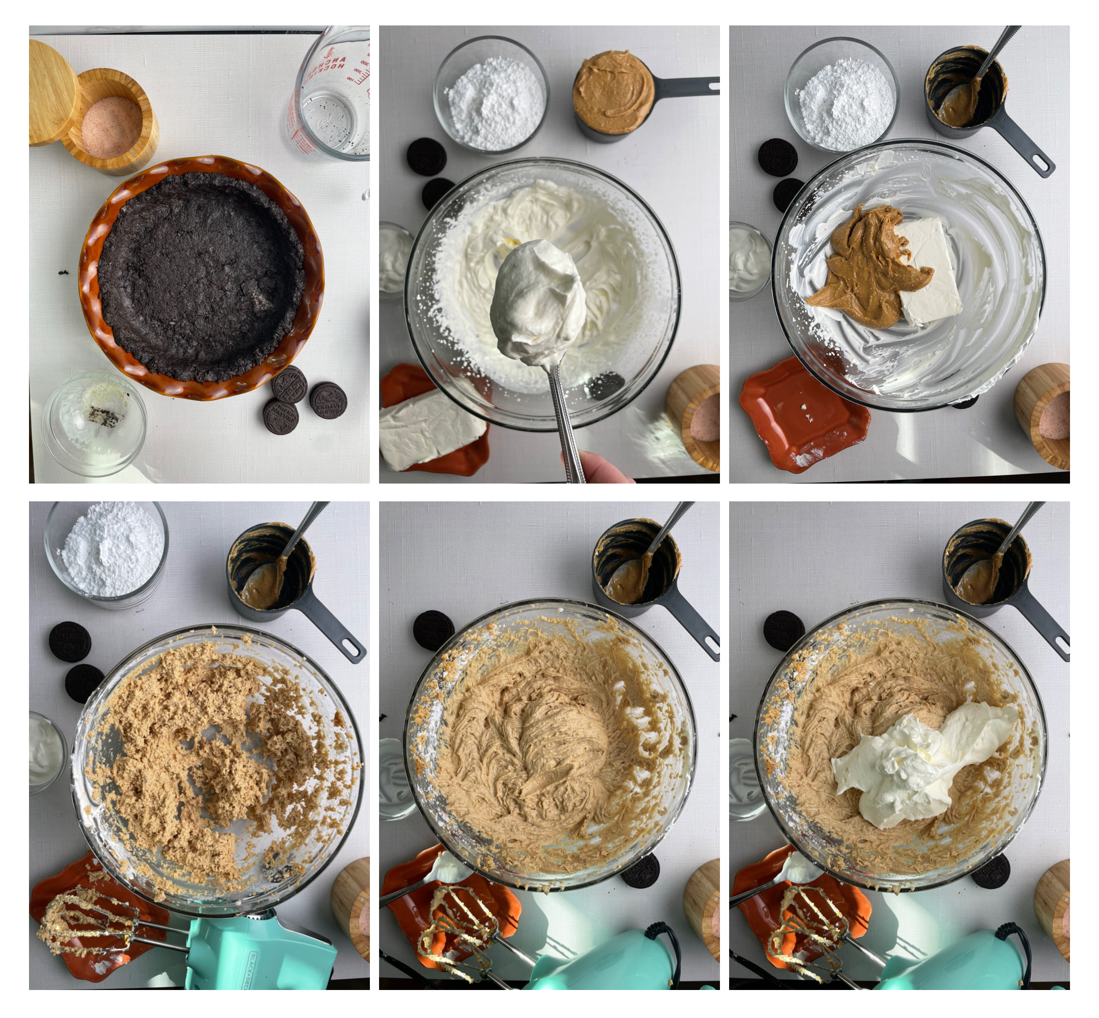 step by step photos for how to make Oreo peanut butter pie