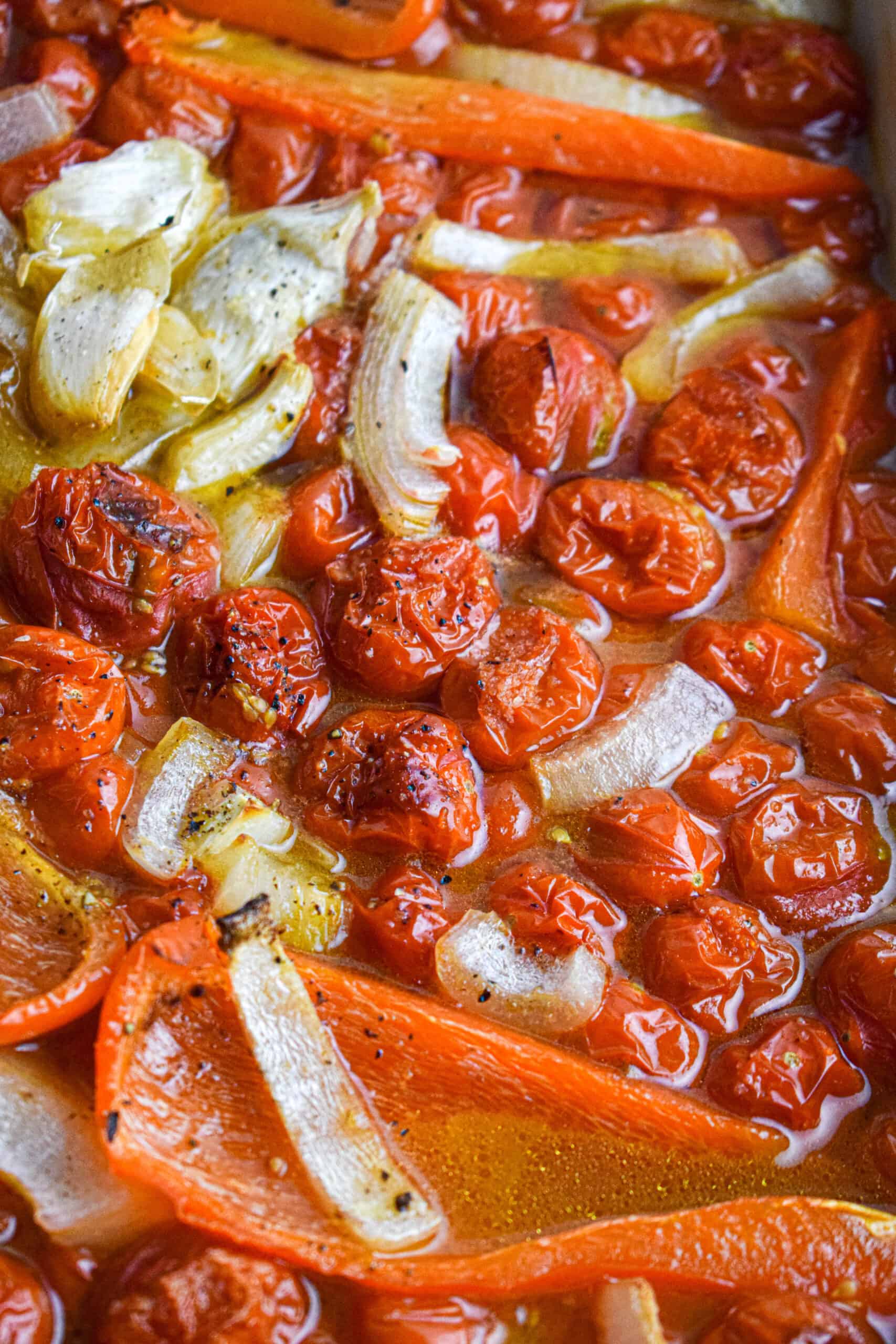 roasted cherry tomatoes, onions, garlic and red bell pepper