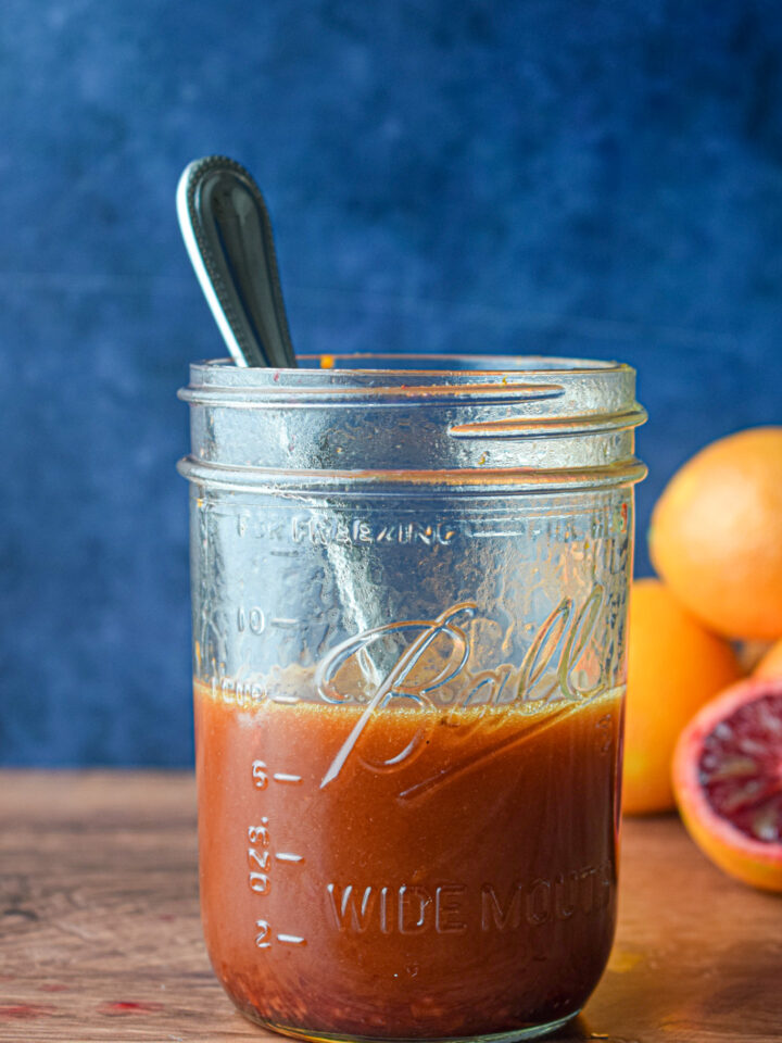 mason jar of blood orange vinaigrette