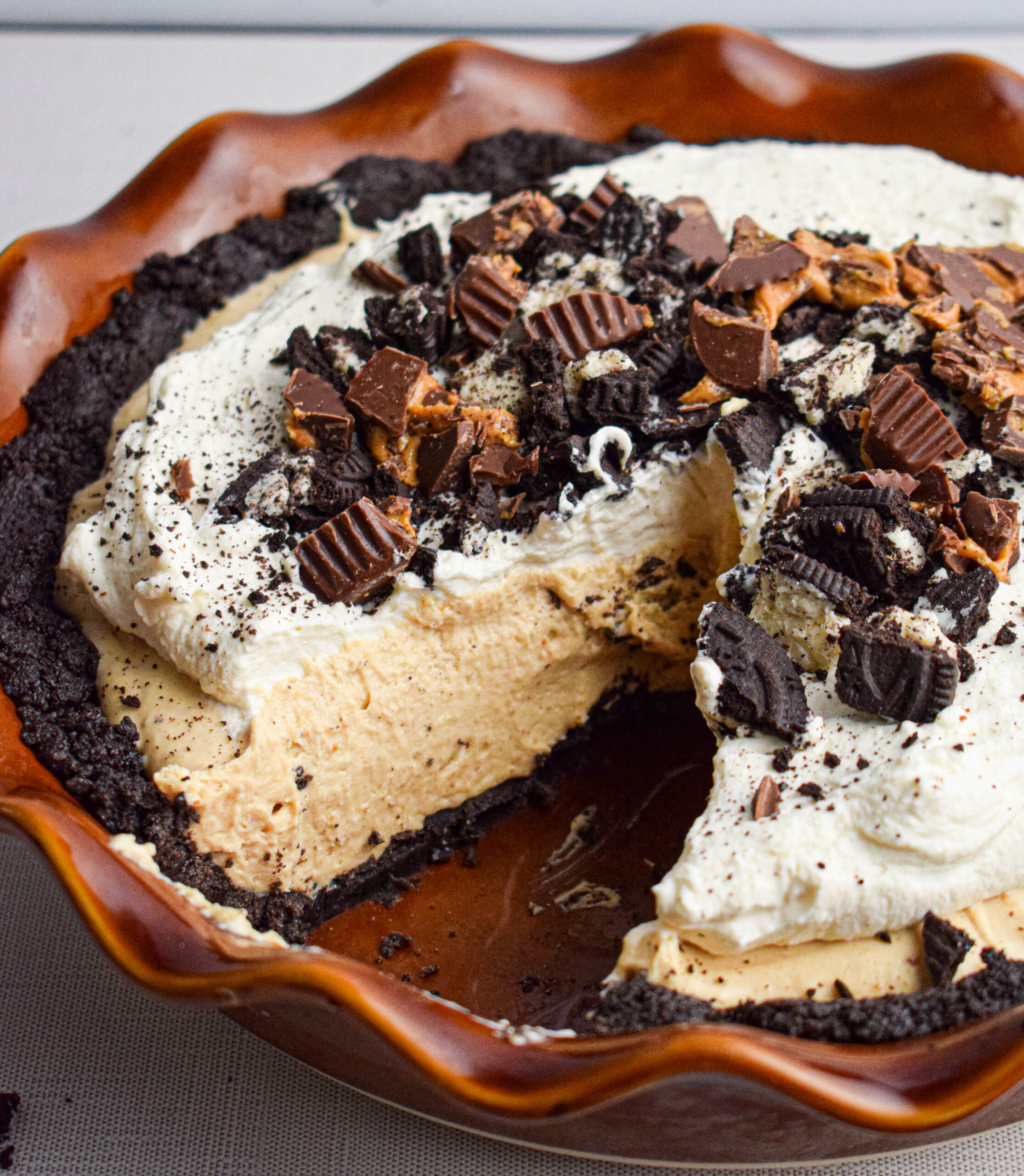 peanut butter pie with a homemade Oreo cookie crust