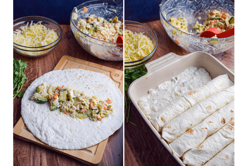 step by step photos for making enchiladas: rolling up the tortillas with the filling and placing in the pan