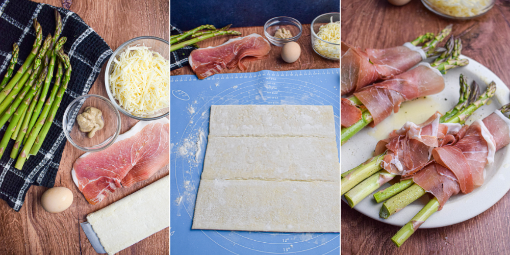 step by step photos of making asparagus puff pastry bundles, ingredients, puff pastry being rolled out and bunches of asparagus and prosciutto 