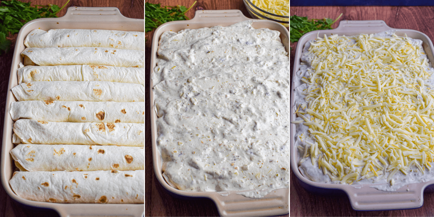 3 photos of the stages of making chicken enchiladas, pouring on the sauce and adding the shredded cheese