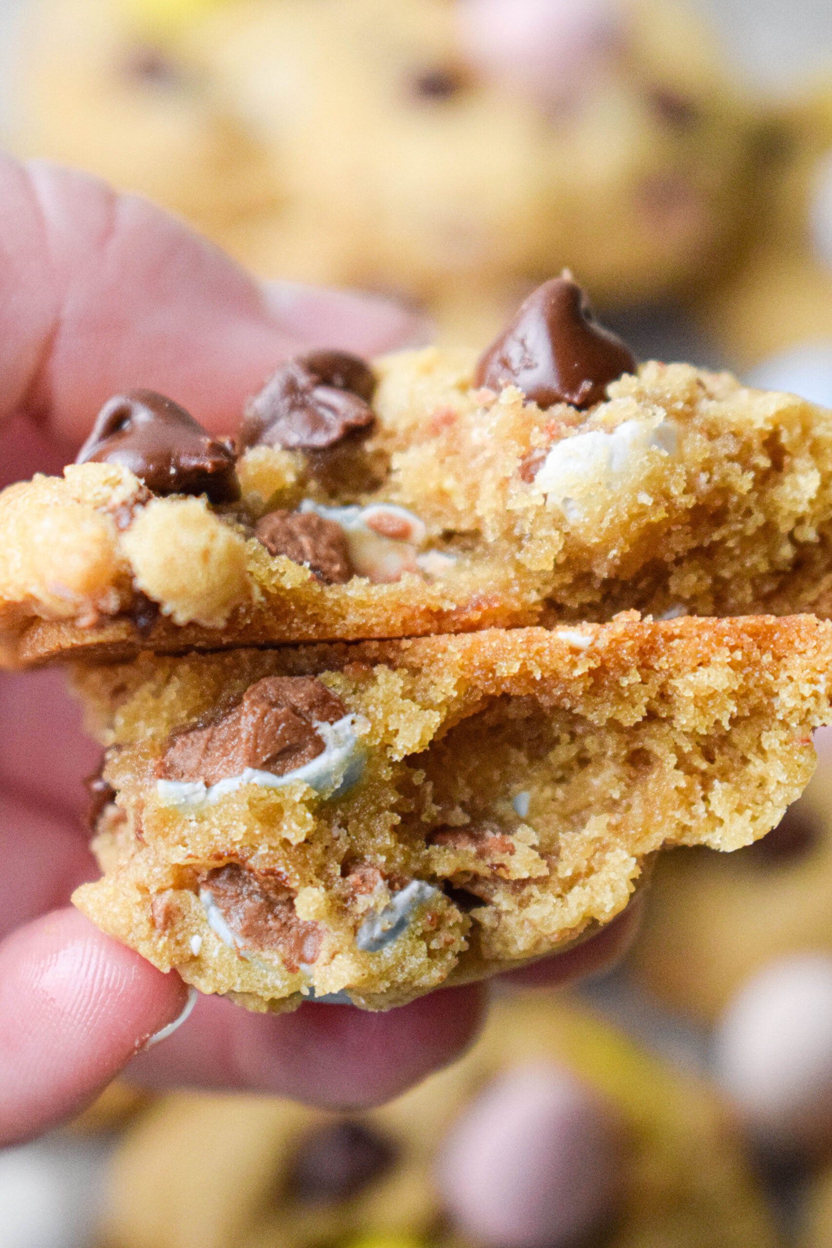 Inside view of the mini egg and chocolate chip Easter cookies 