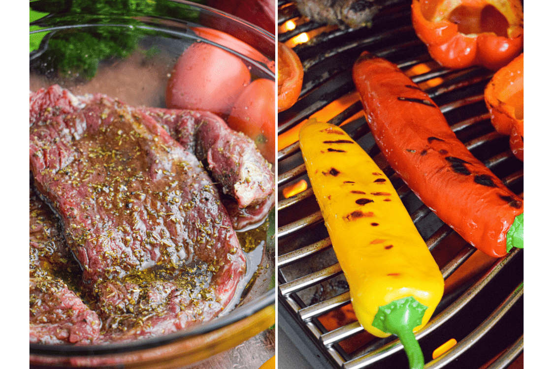 flank steak in Italian style marinade next to grilled peppers 