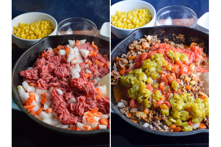 cooking ground beef and other tamale pie ingredients in a blue cast iron skillet