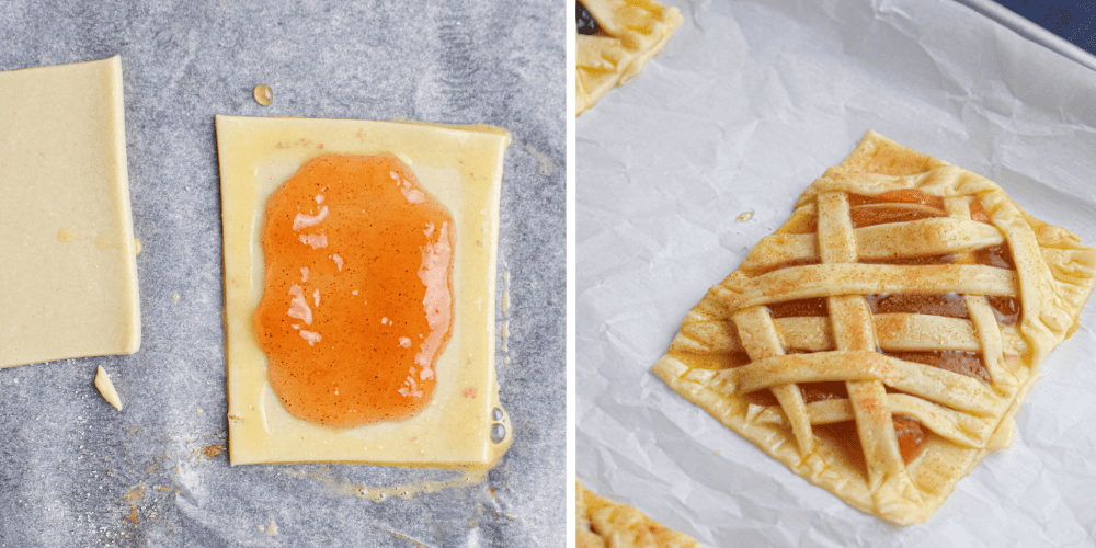 side by side images of mummy hand pies, the first has a piece of dough with some fruit preserves in the middle. The second shows the top dough added in criss cross, topped with egg wash and cinnamon sugar