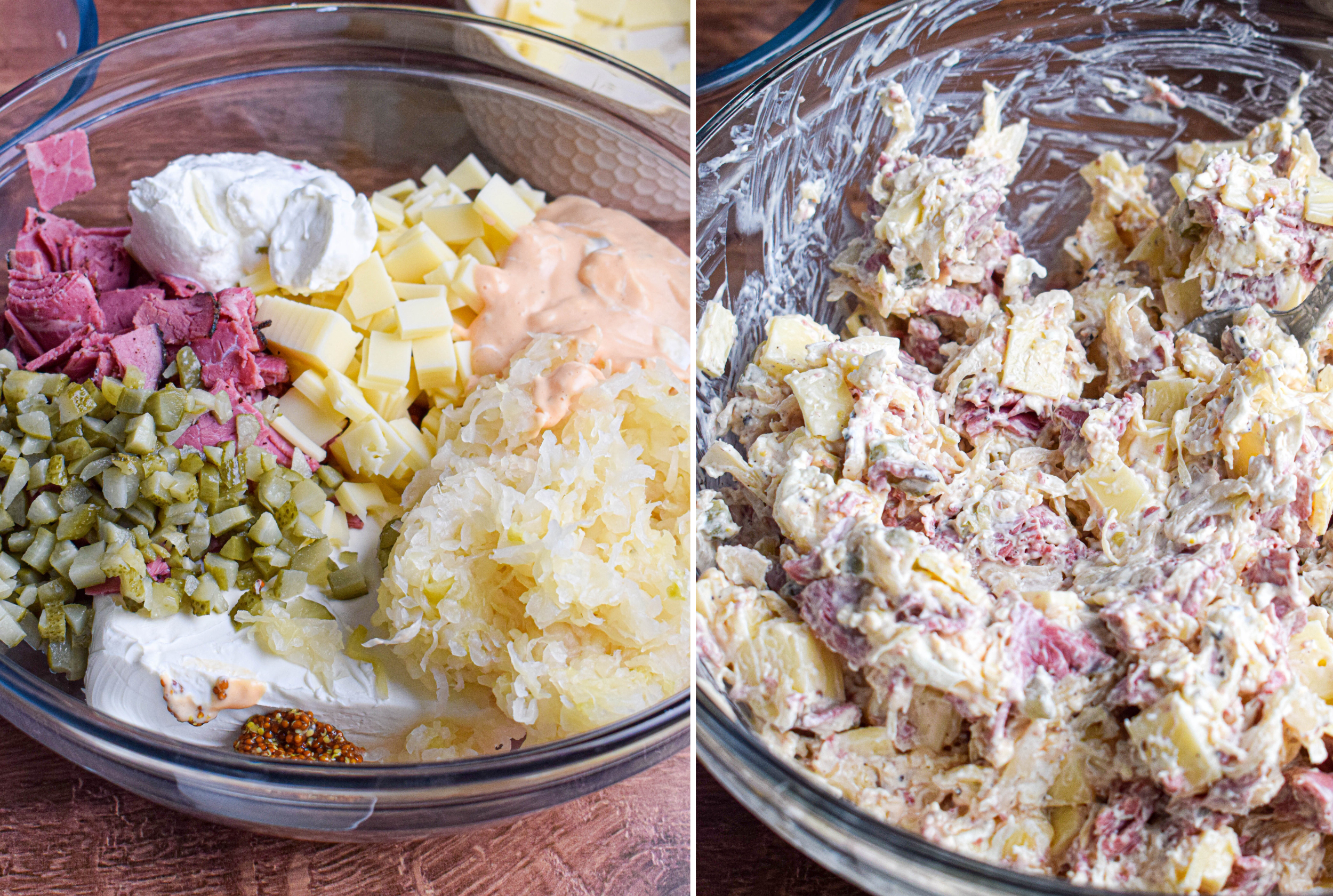 Side by side photos showing the ingredients for reuben sandwich dip next to the same ingredients mixed together in the bowl.
