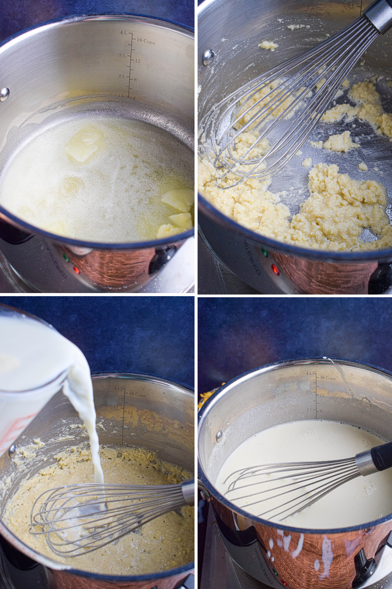 Four photos showing how to make a macaroni and cheese roux and then add milk to make the sauce.