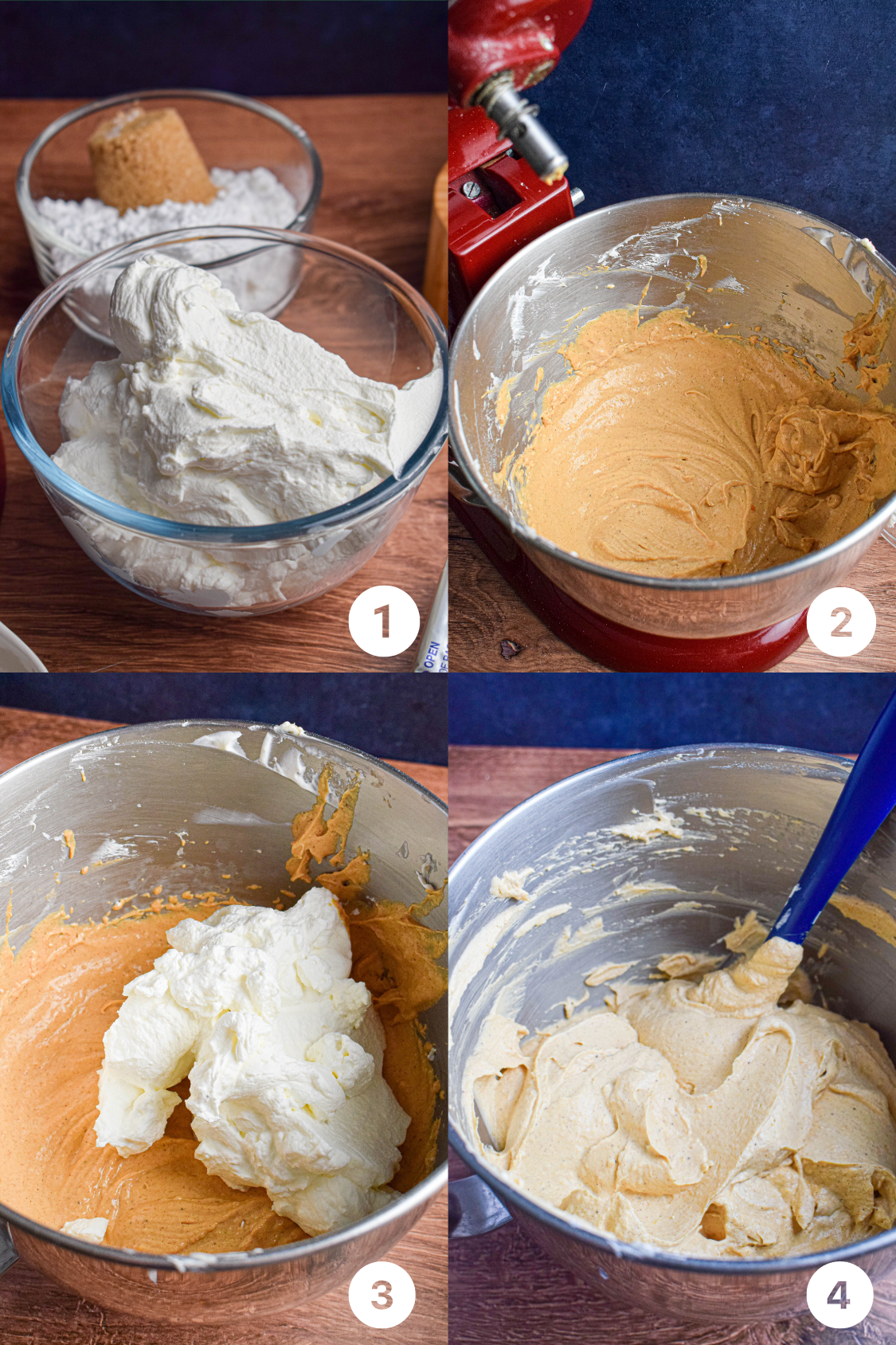 Four photos showing the steps to make the no bake pumpkin pie filling, including whipping cream, making the cream cheese pumpkin mixture and folding the cream into the filling.