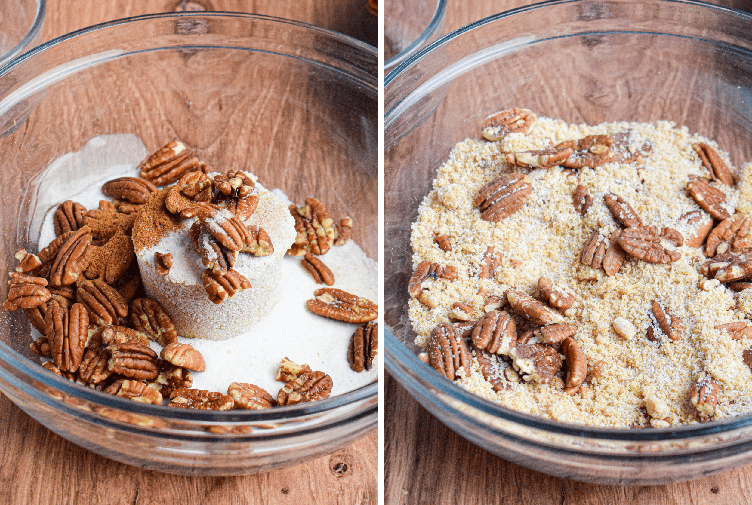Side by side photos showing a bowl with sugar and pecans separate and then the second photo shows it mixed together in a glass mixing bowl.