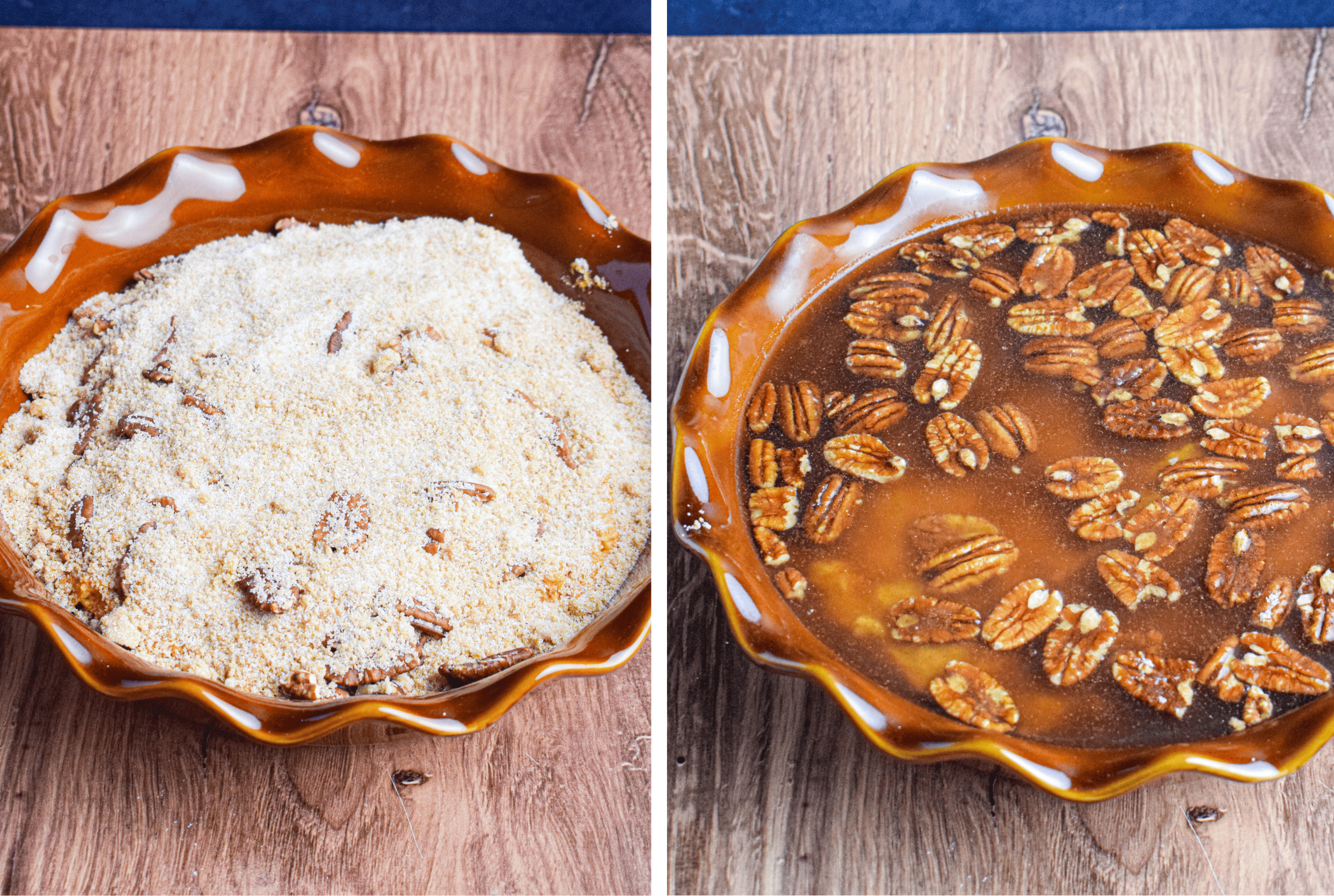 Photos showing how to sprinkle the sugar pecan topping on top of the pumpkin batter and then cover it with boiling water.