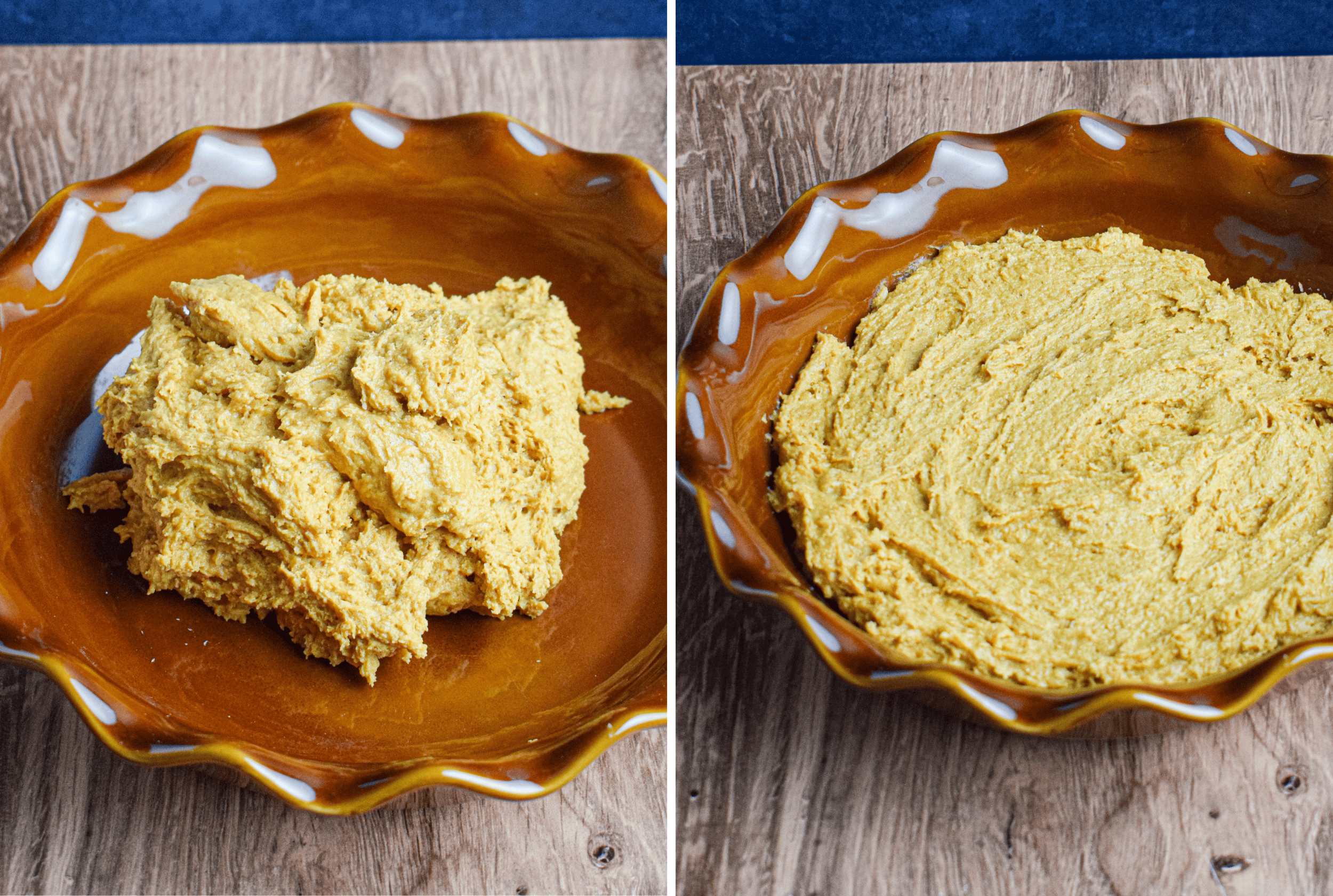 Side by side photos of pumpkin batter in the pie dish and then spreading it out to fill the dish.
