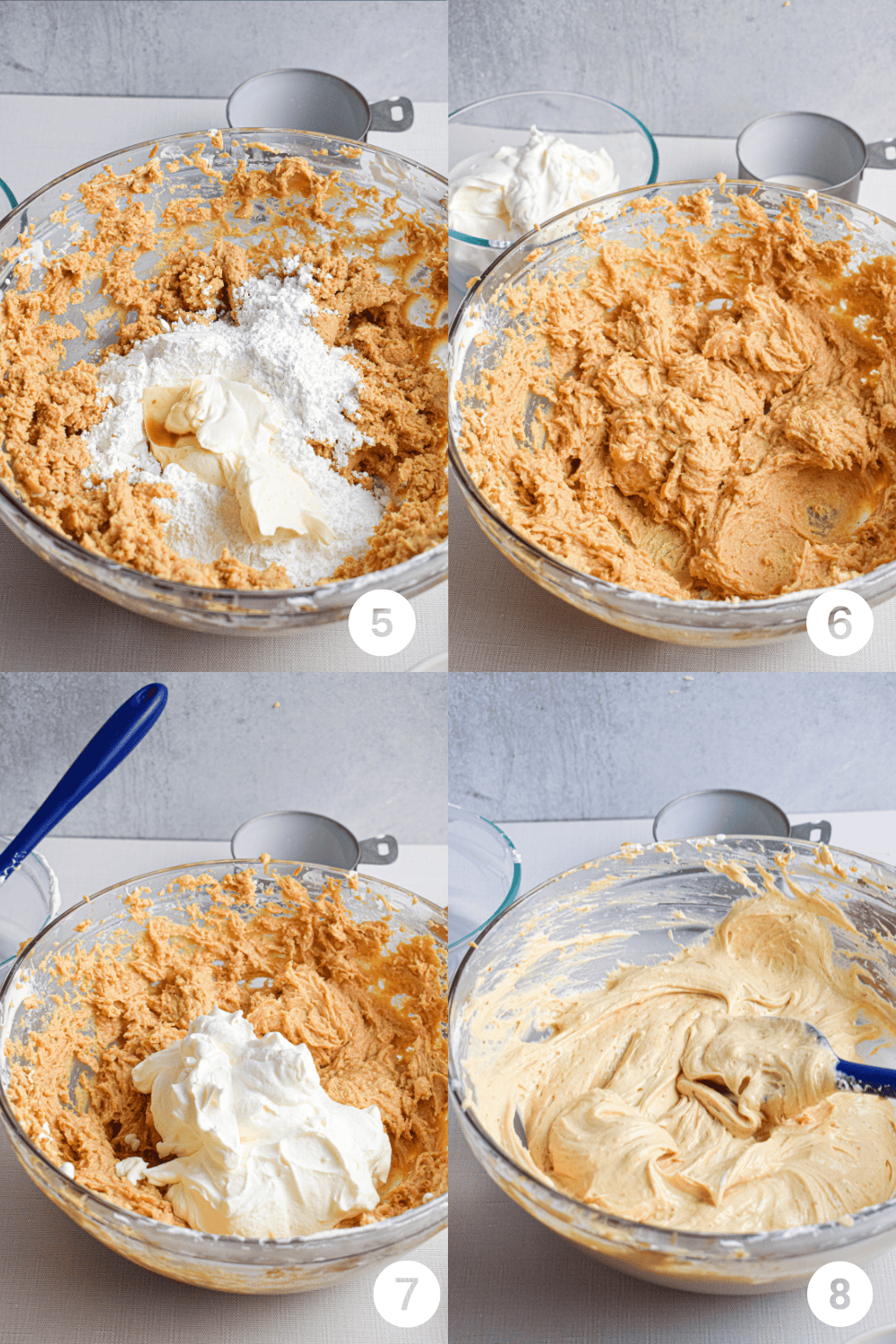 Showing steps 5-8 to make the best homemade peanut butter mousse, adding powdered sugar and sour cream to the peanut butter cream cheese mixture, then beating until smooth, then folding in the whipped cream, the final photo shows smooth mousse in a glass bowl. 