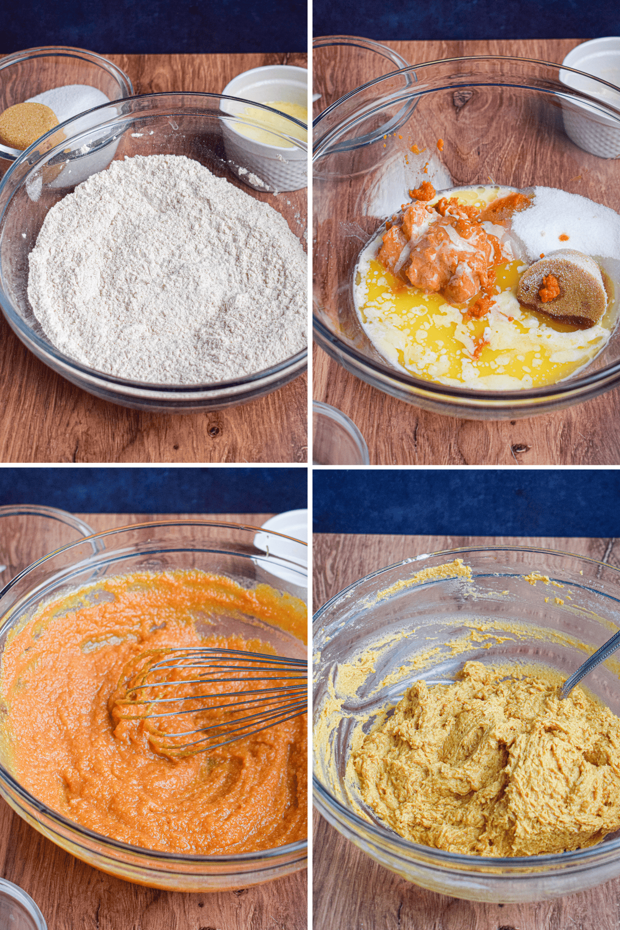 step by step photos showing how to mix up the pumpkin batter for a pecan pumpkin crumble.