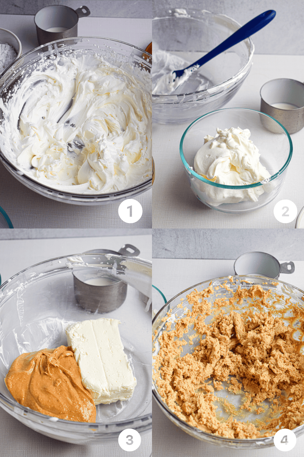 Showing the first 4 steps of making homemade peanut butter mousse, whipping the cream, then removing it to a separate bowl, then beating peanut butter and cream cheese together until smooth. 