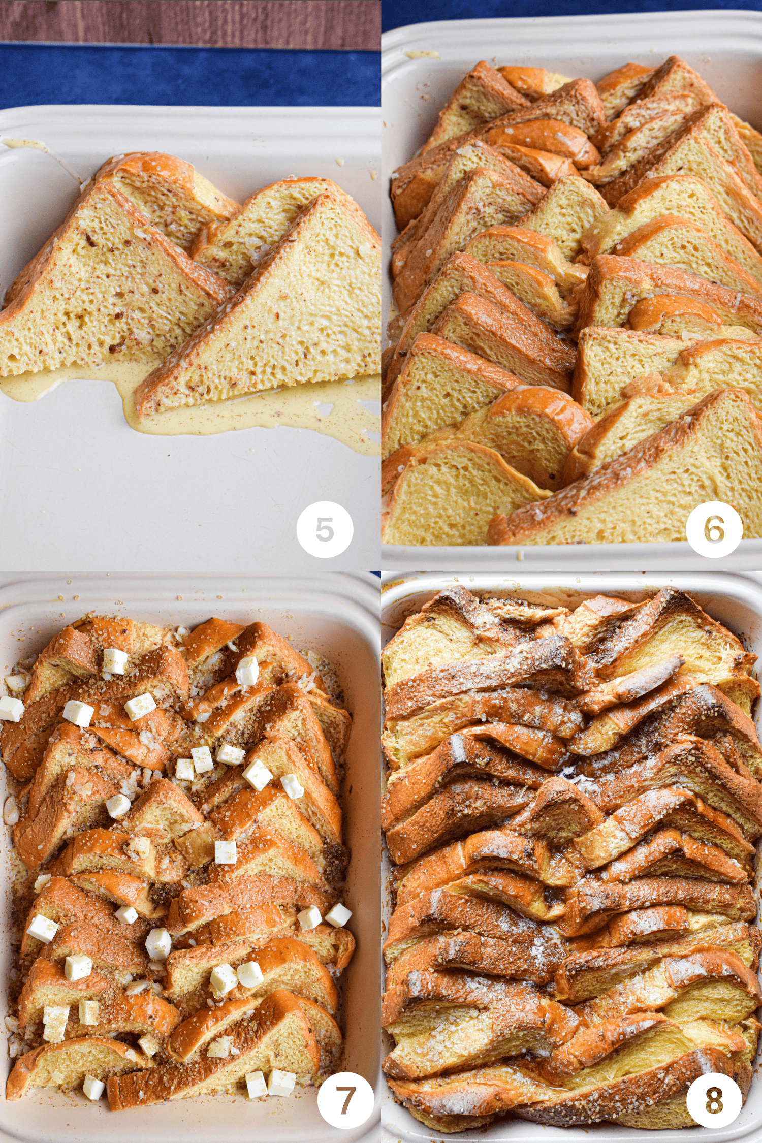 Four photos showing how to layer the triangle slices of brioche in the baking dish and the final picture of baked french toast casserole. 