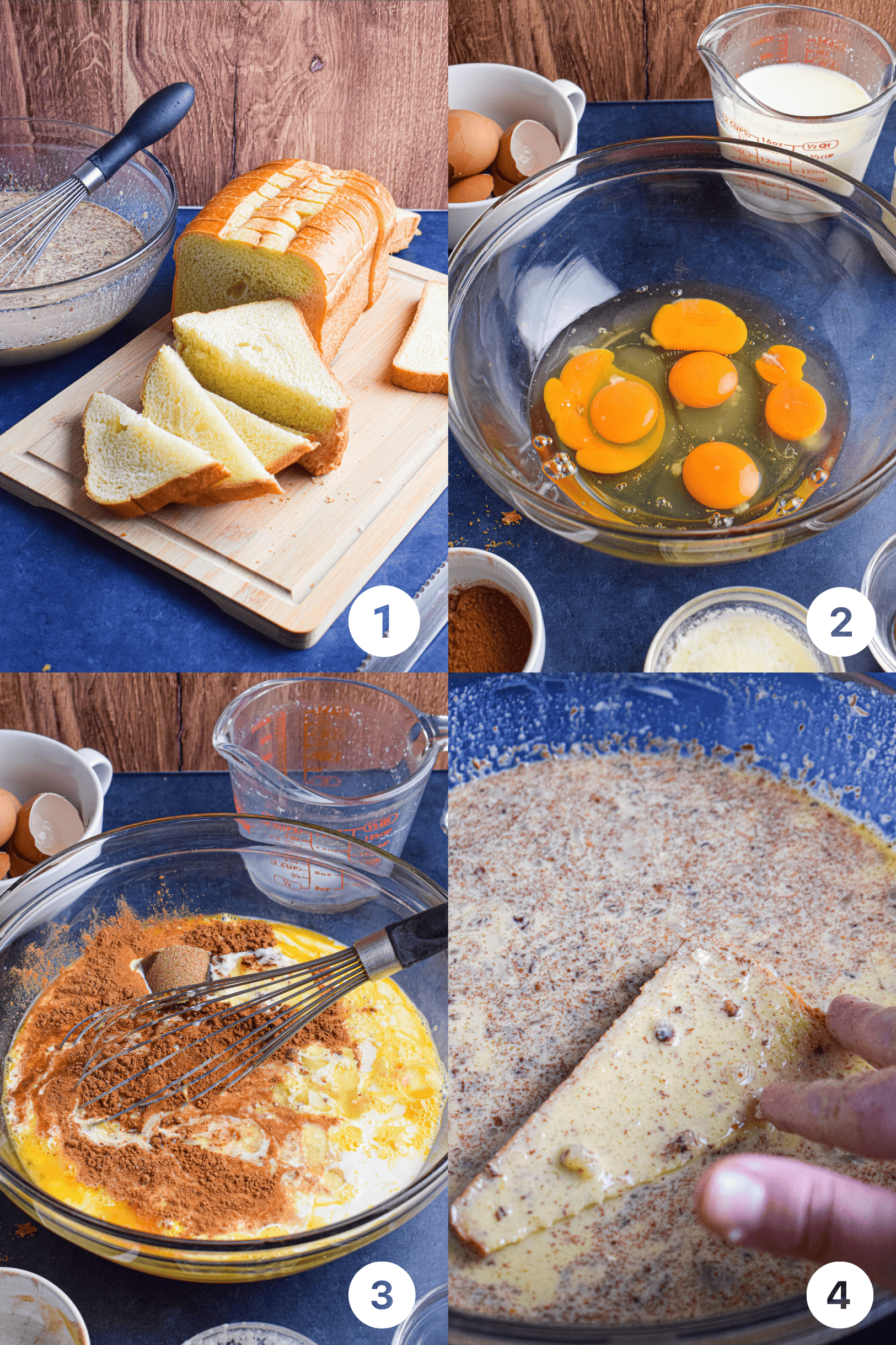 Four photos showing steps 1 to 4 of making french toast casserole, including slicing the bread, mixing together than custard and dipping the bread into the custard. 