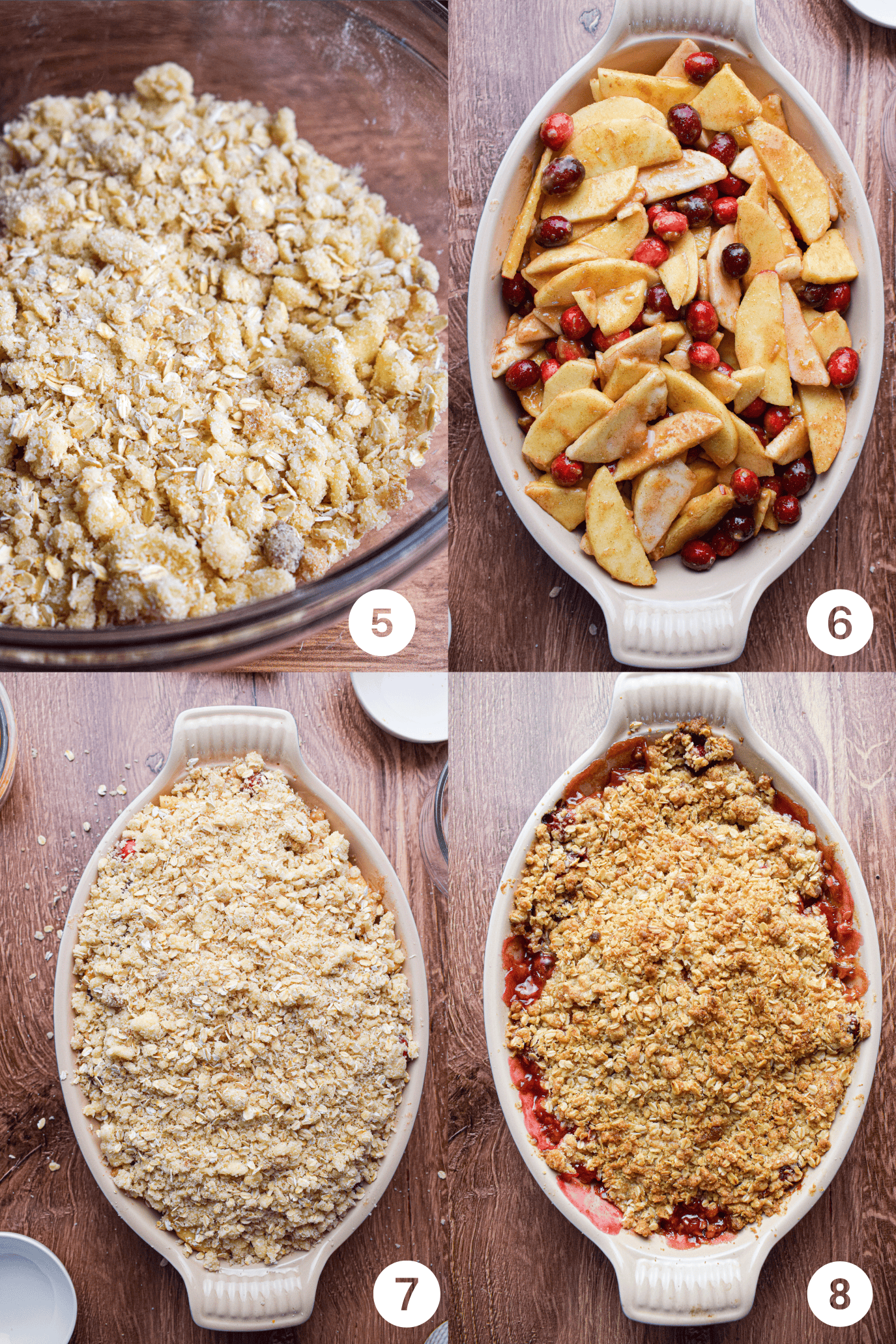 Four photos showing the final steps of making an apple crumble including the crumbly texture, fruit in the baking dish, then topped with the crumble and then a golden brown baked crisp.