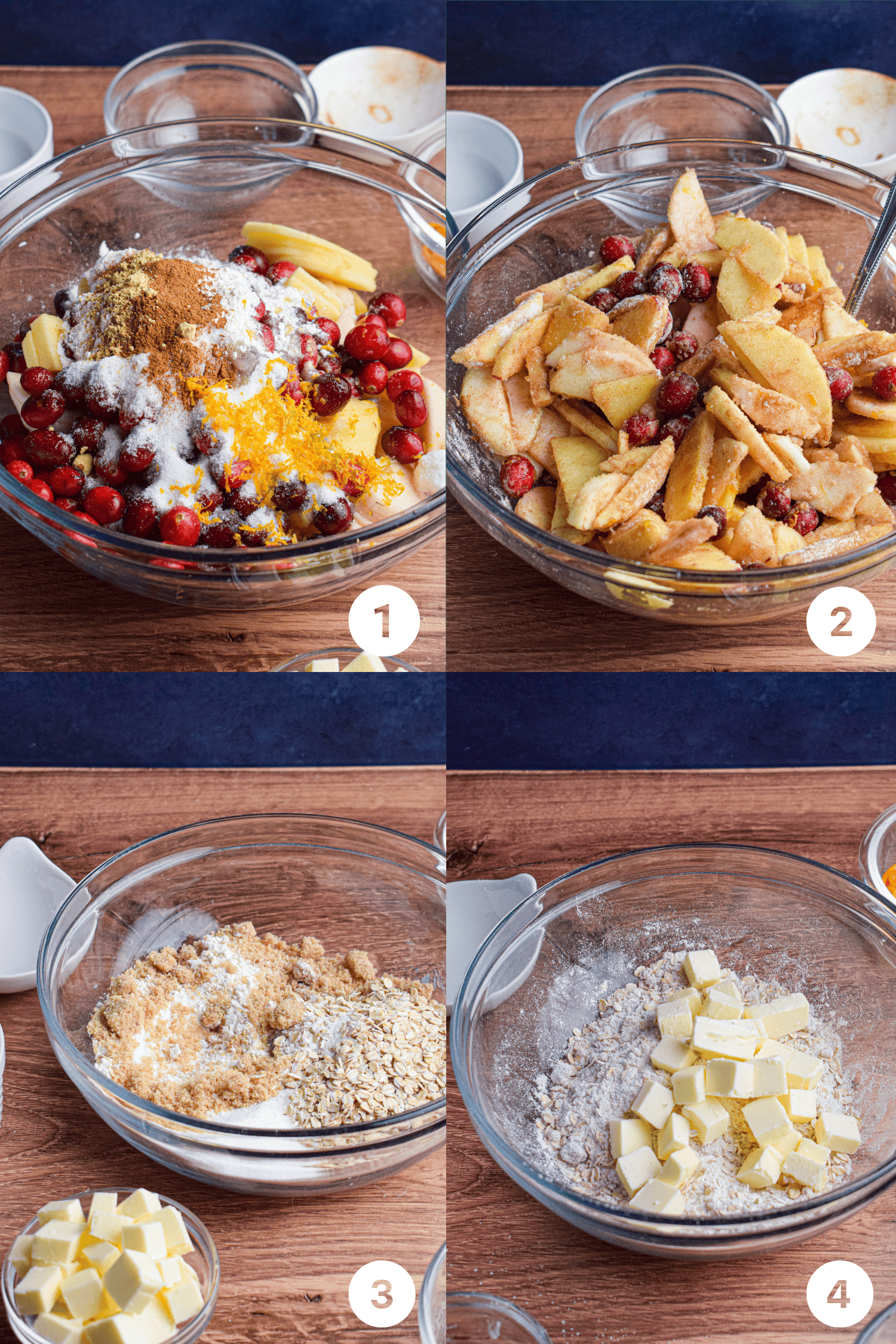 Four photos showing the first steps of making an apple cranberry crumble including mixing together apples, cranberries and spices and then making a crumble topping with flour, sugar, oats and butter.