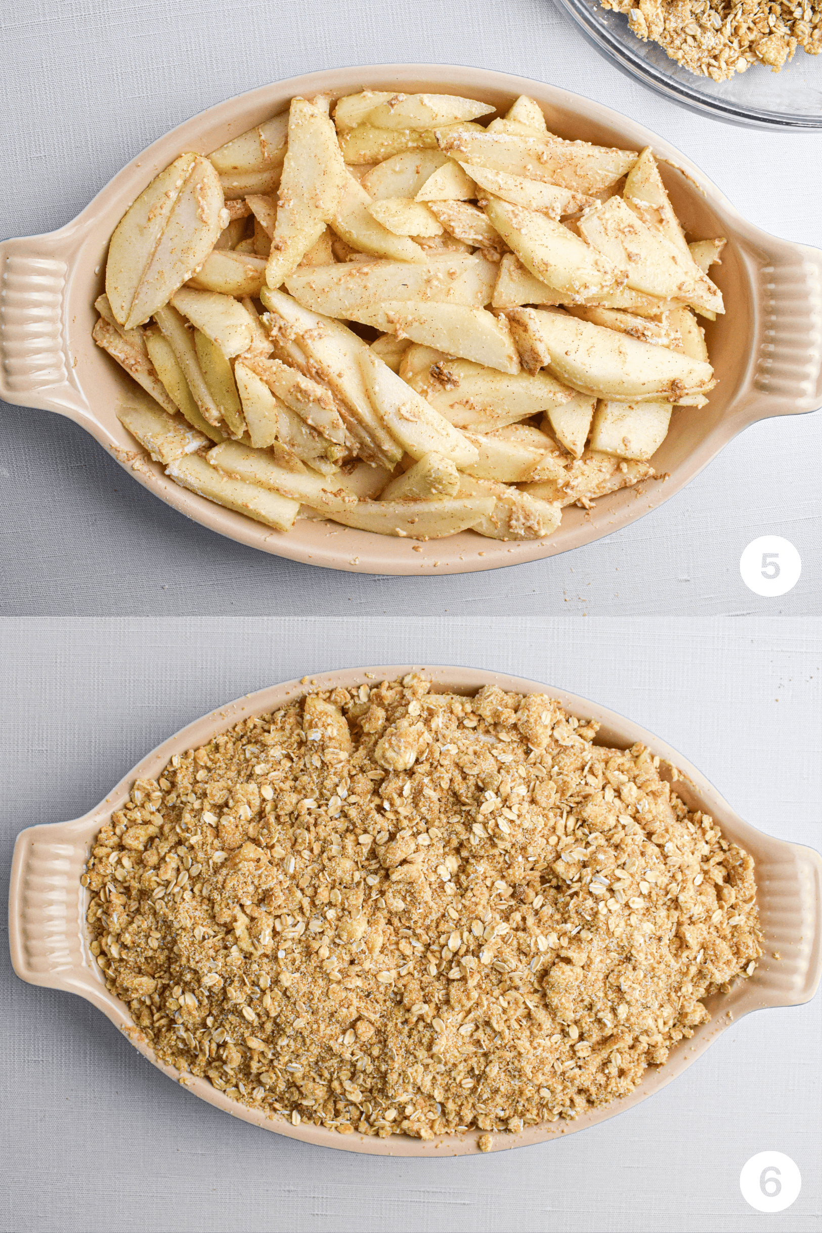 Two photos, the first showing an au gratin shaped dish filled with sliced pears and spices, the second shows the same dish and pear mixture topped with an oat and flour crumble topping. 