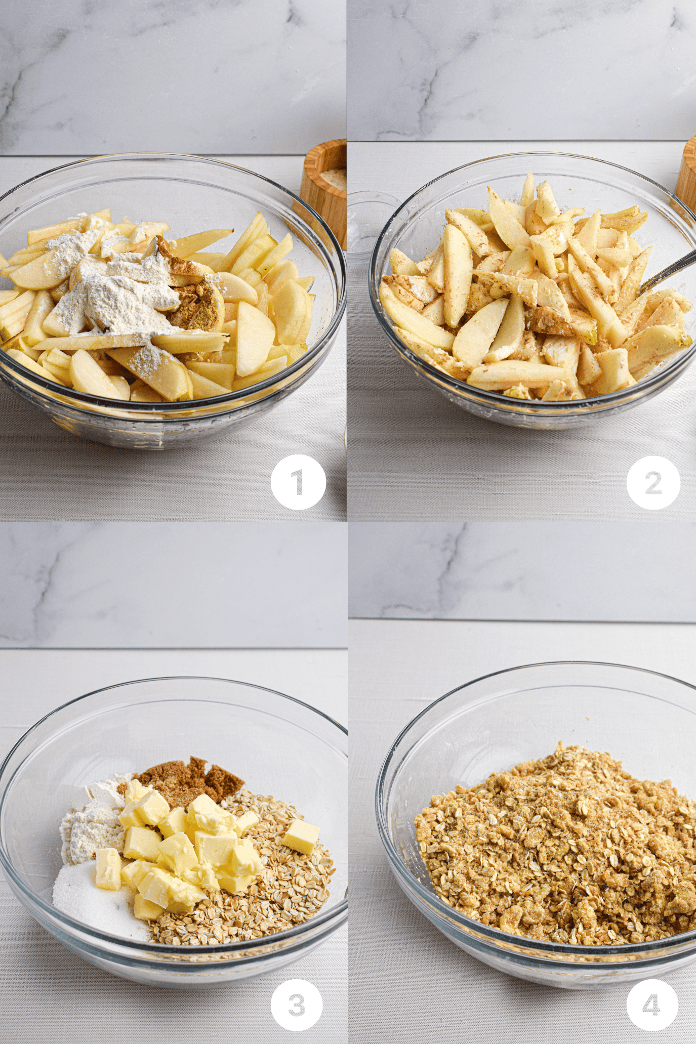 Four photos showing the first steps to make pear crisp, first mixing the fruit with flour and spices, then in a separate bowl showing mixing together the flour, oats, butter and sugar. 