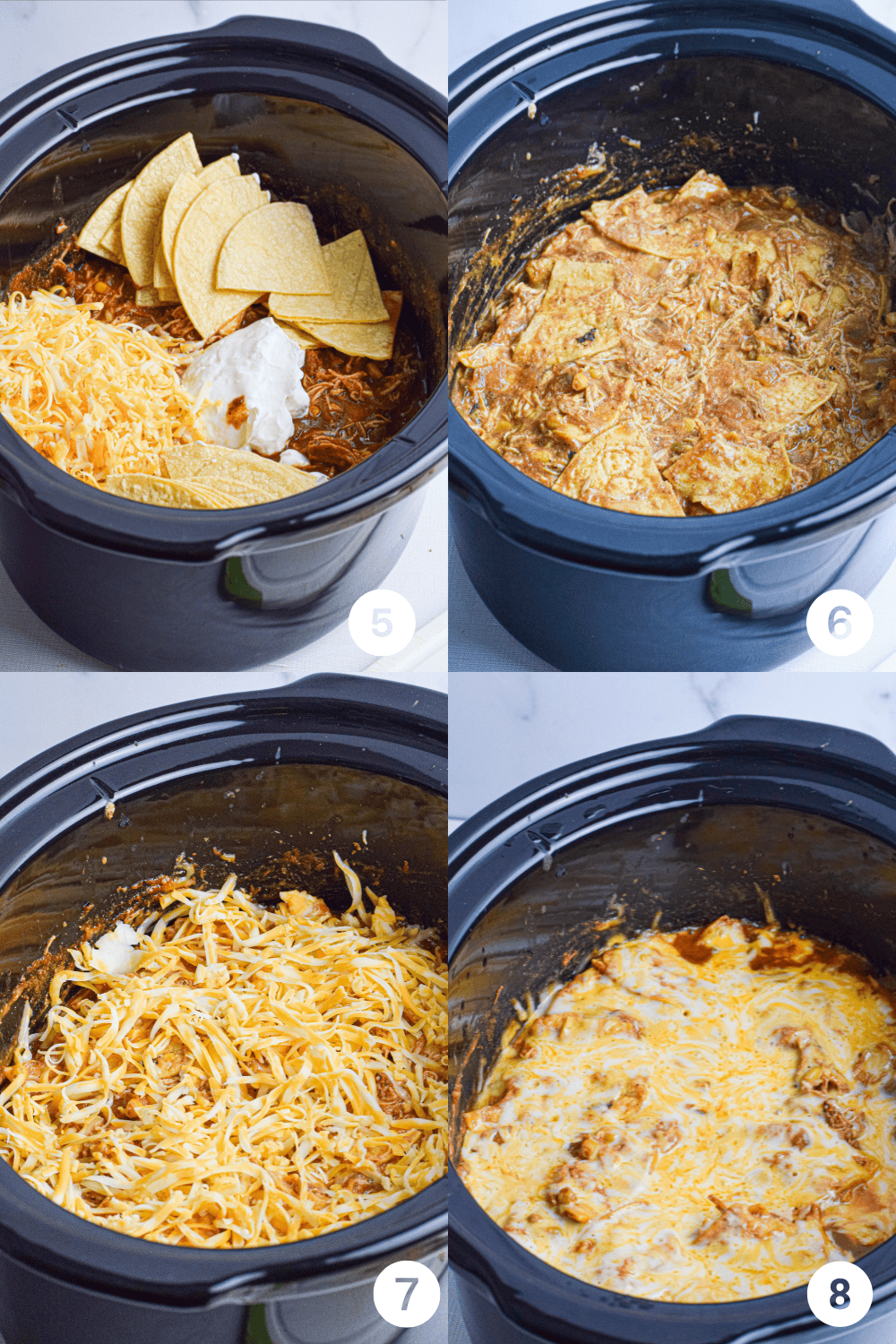 Four photos showing steps 5 through 8 making crock pot chicken enchilada casserole, including mixing the tortillas, cheese and sour cream into the cooked chicken and sauce, topping with cheese and then melting the cheese in the slow cooker. 