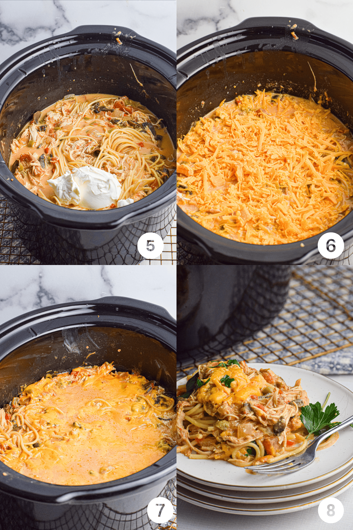 A four-step photo collage showing the final steps of making slow cooker chicken spaghetti.

Cooked spaghetti is stirred into the creamy mixture with a dollop of sour cream.

A generous layer of shredded cheddar cheese is sprinkled over the top.

Cheese is fully melted into the dish after cooking.

A serving of the finished chicken spaghetti is plated, garnished with melted cheese and fresh parsley.