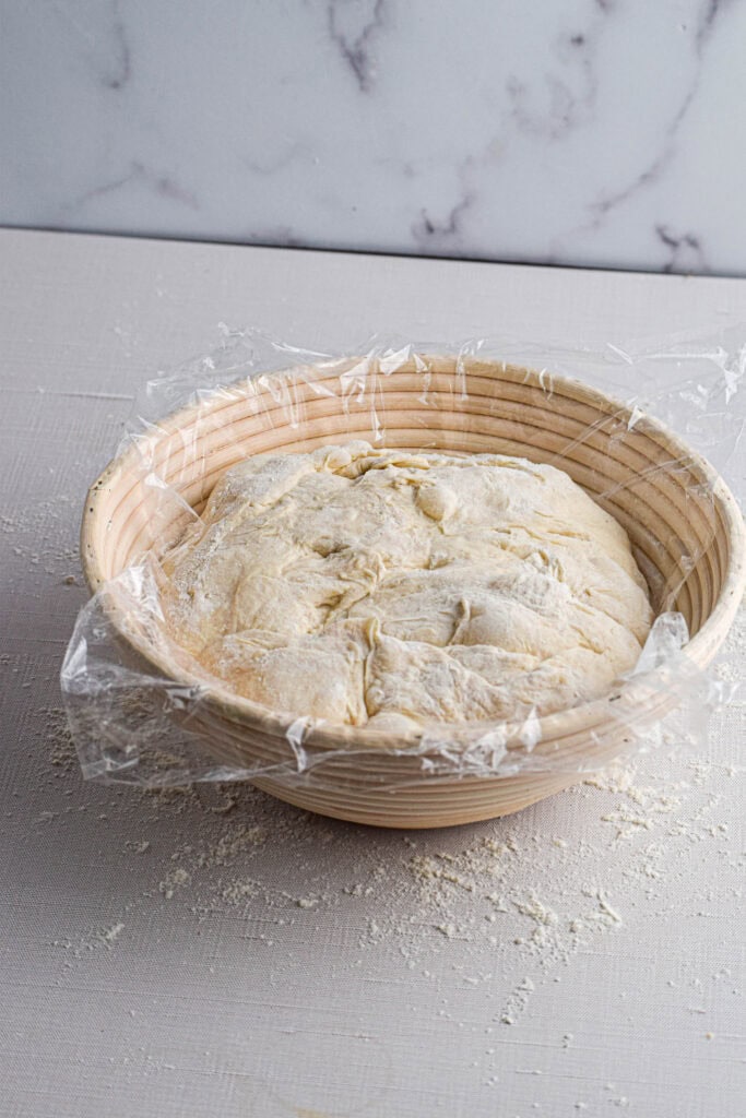 The bread down has been placed into a line banneton, seam side up. 