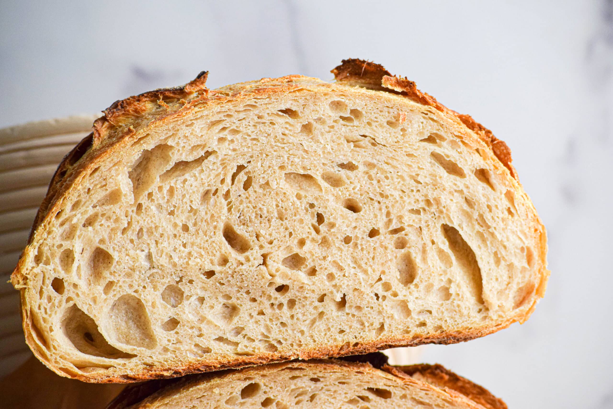 The porous inside of a boule of sourdough with a crisp, crunchy crust and tender crumb. 